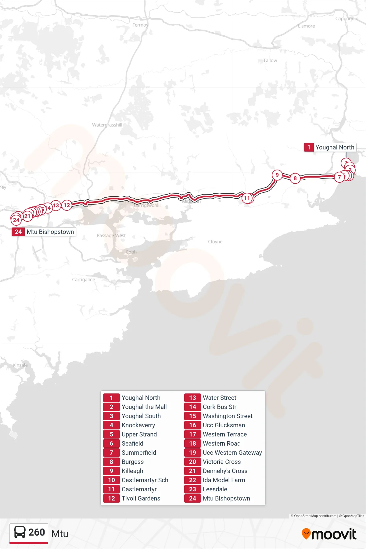 260 bus Line (Mtu) route and stops on a map
