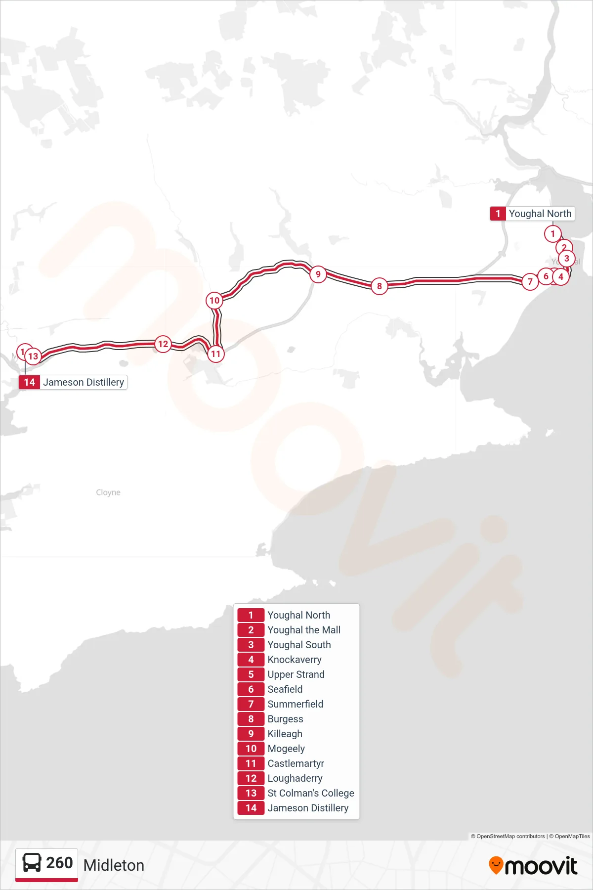 260 bus Line (Midleton) route and stops on a map