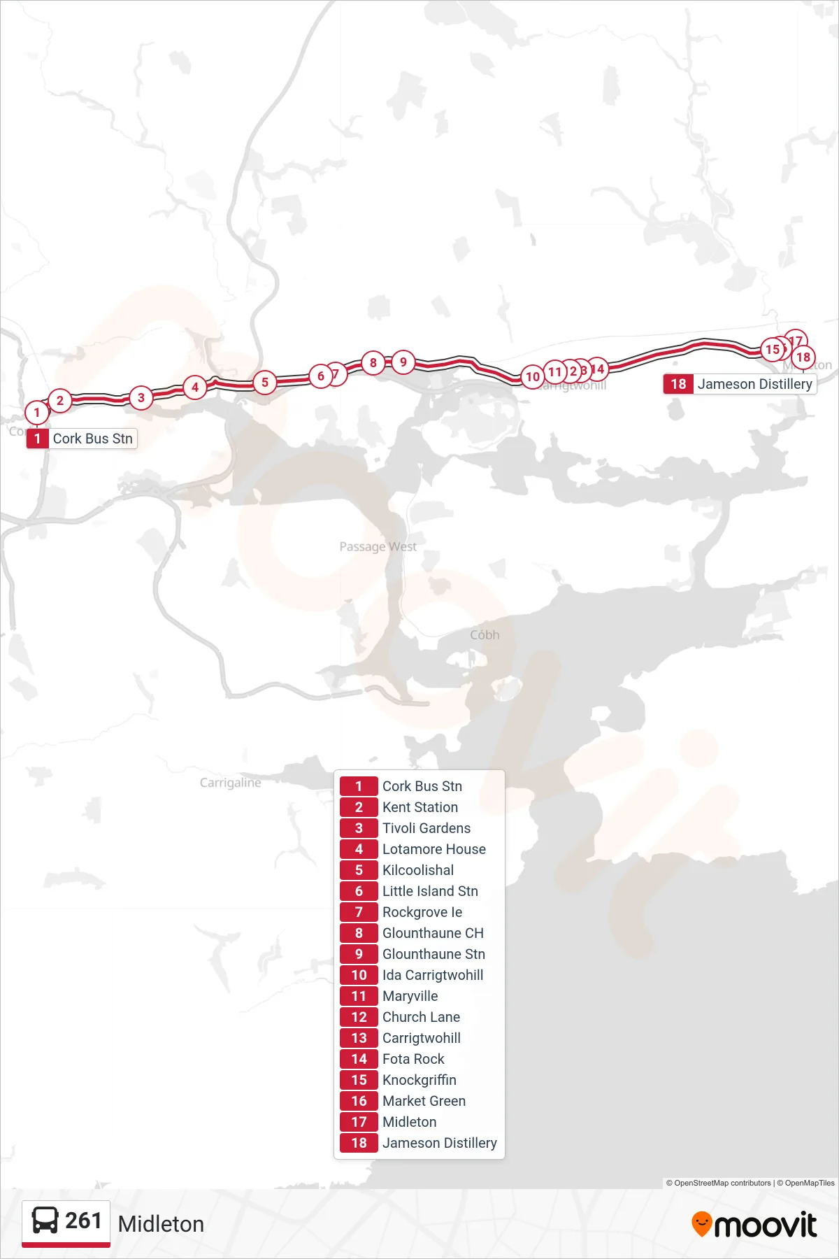 261 bus Line (Midleton) route and stops on a map