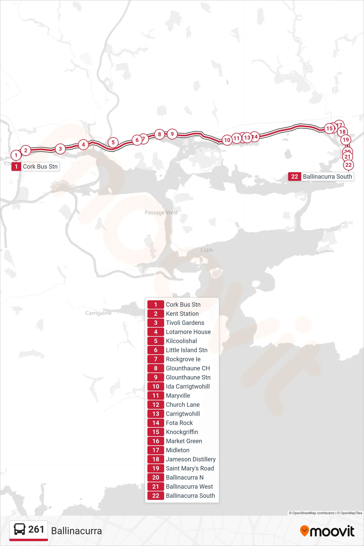 261 bus Line (Ballinacurra) route and stops on a map