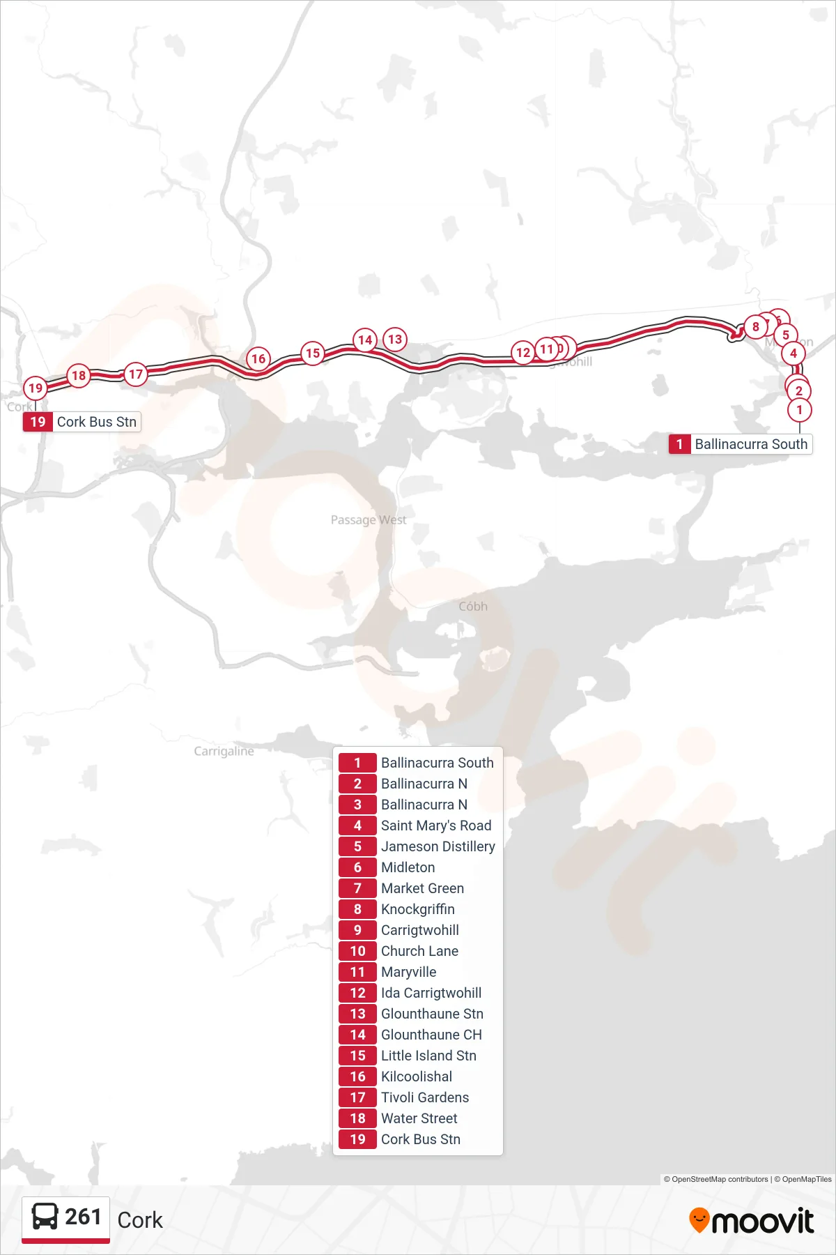 261 bus Line (Cork) route and stops on a map