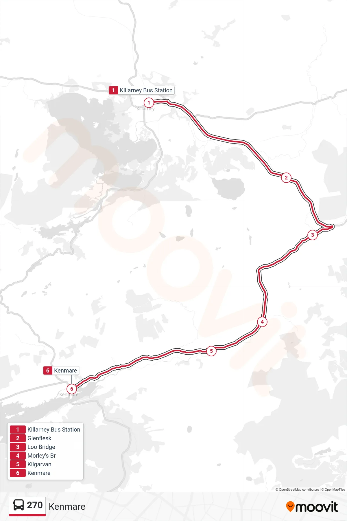 270 bus Line (Kenmare) route and stops on a map