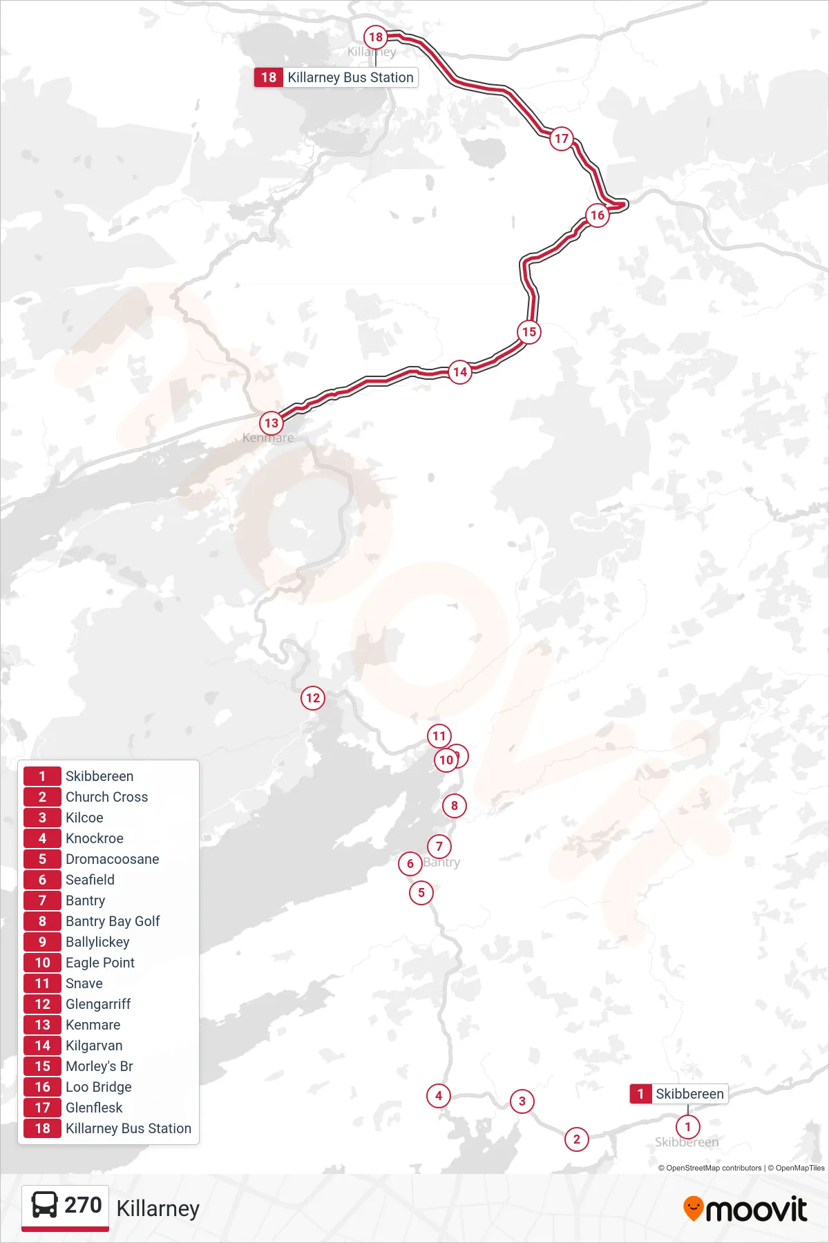 270 bus Line (Killarney) route and stops on a map