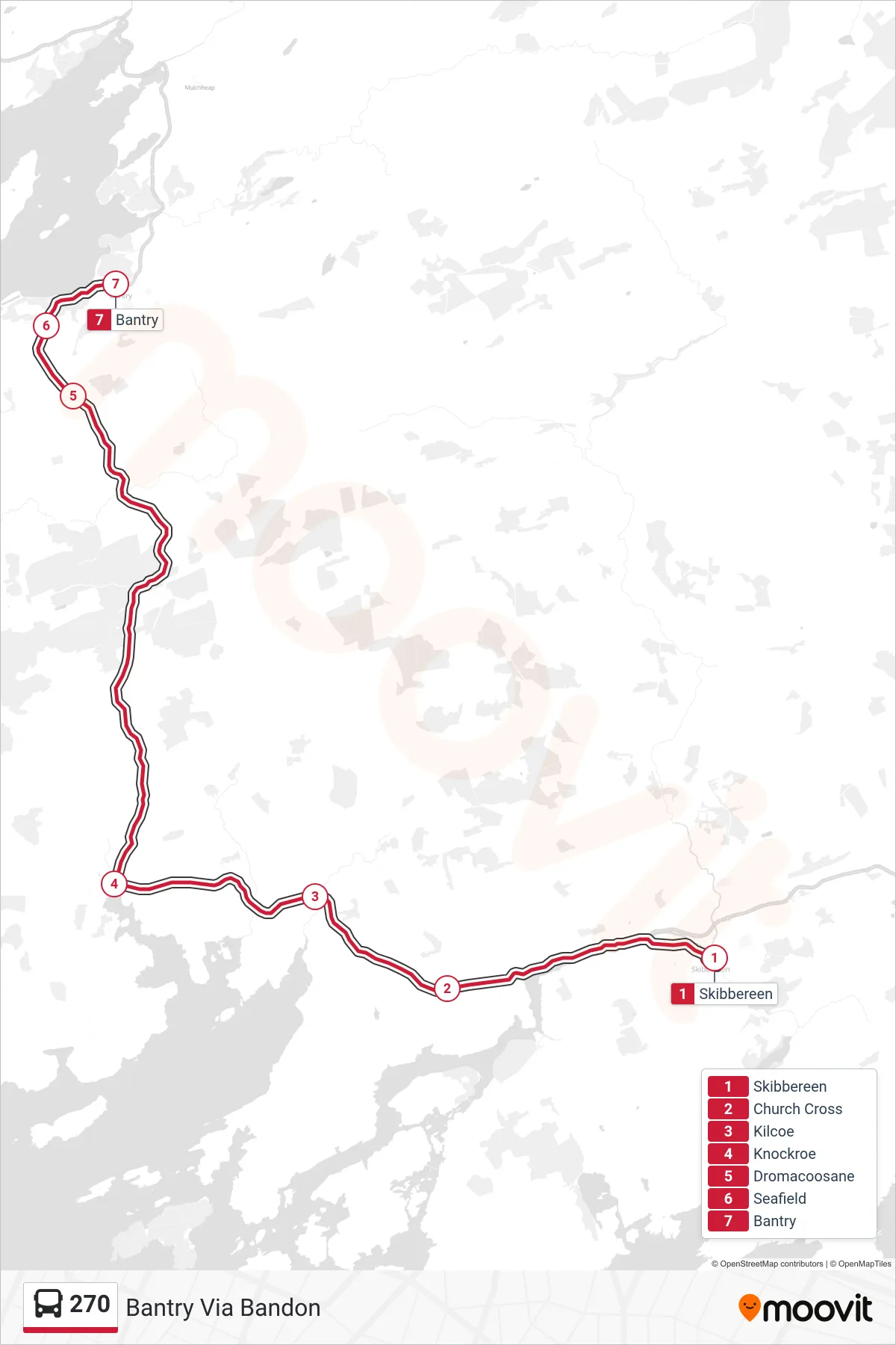 270 bus Line (Bantry Via Bandon) route and stops on a map