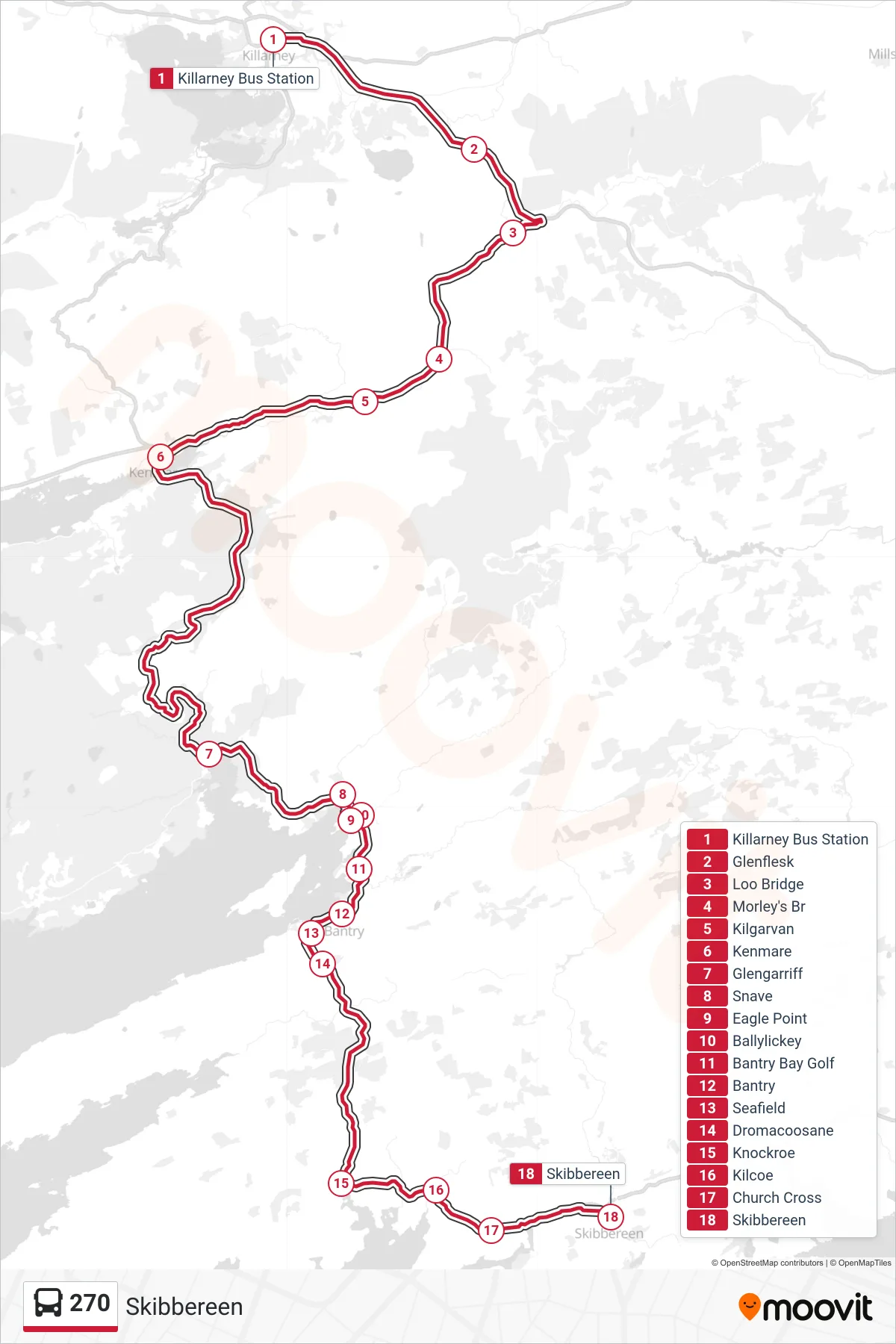 270 bus Line (Skibbereen) route and stops on a map