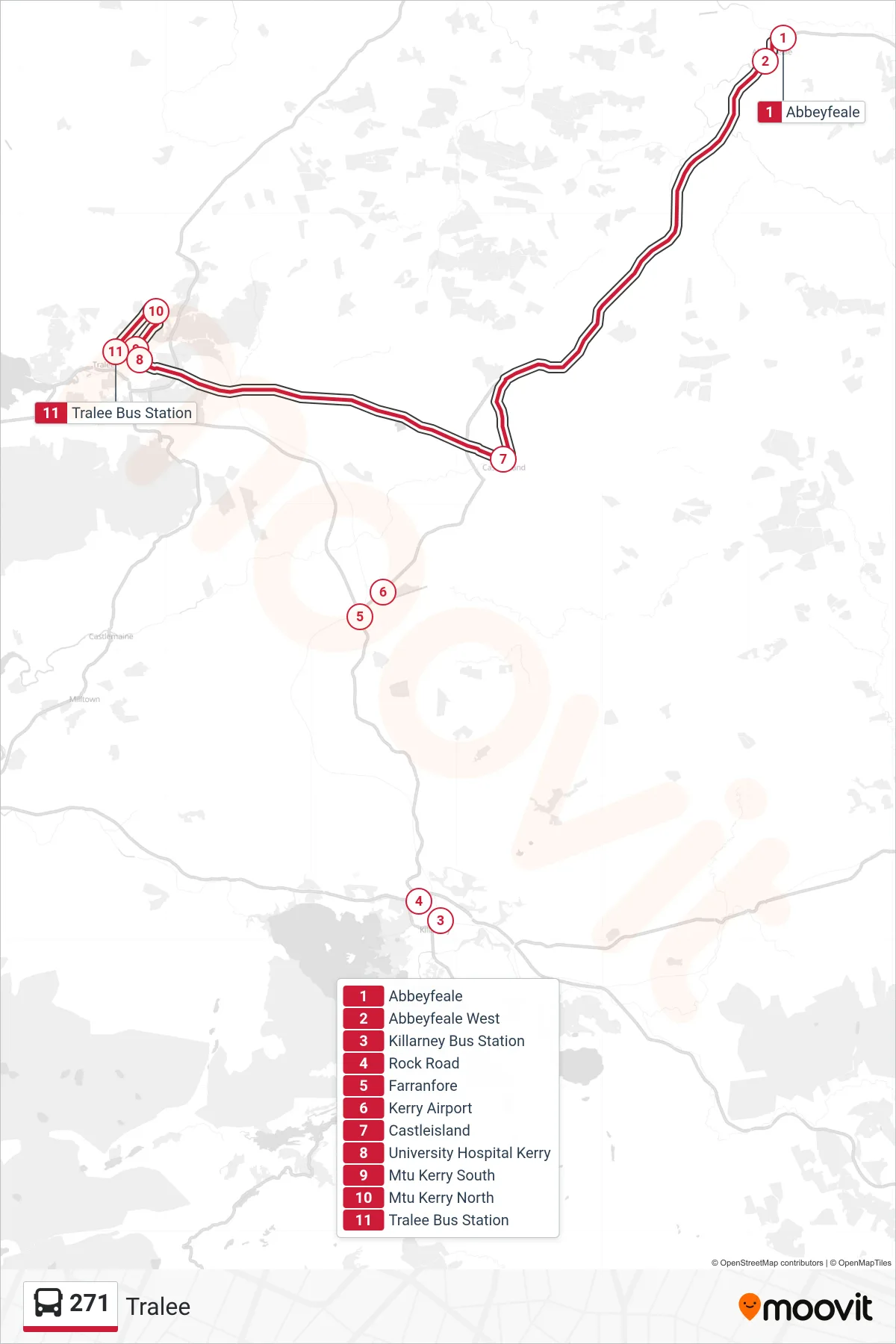 271 bus Line (Tralee) route and stops on a map