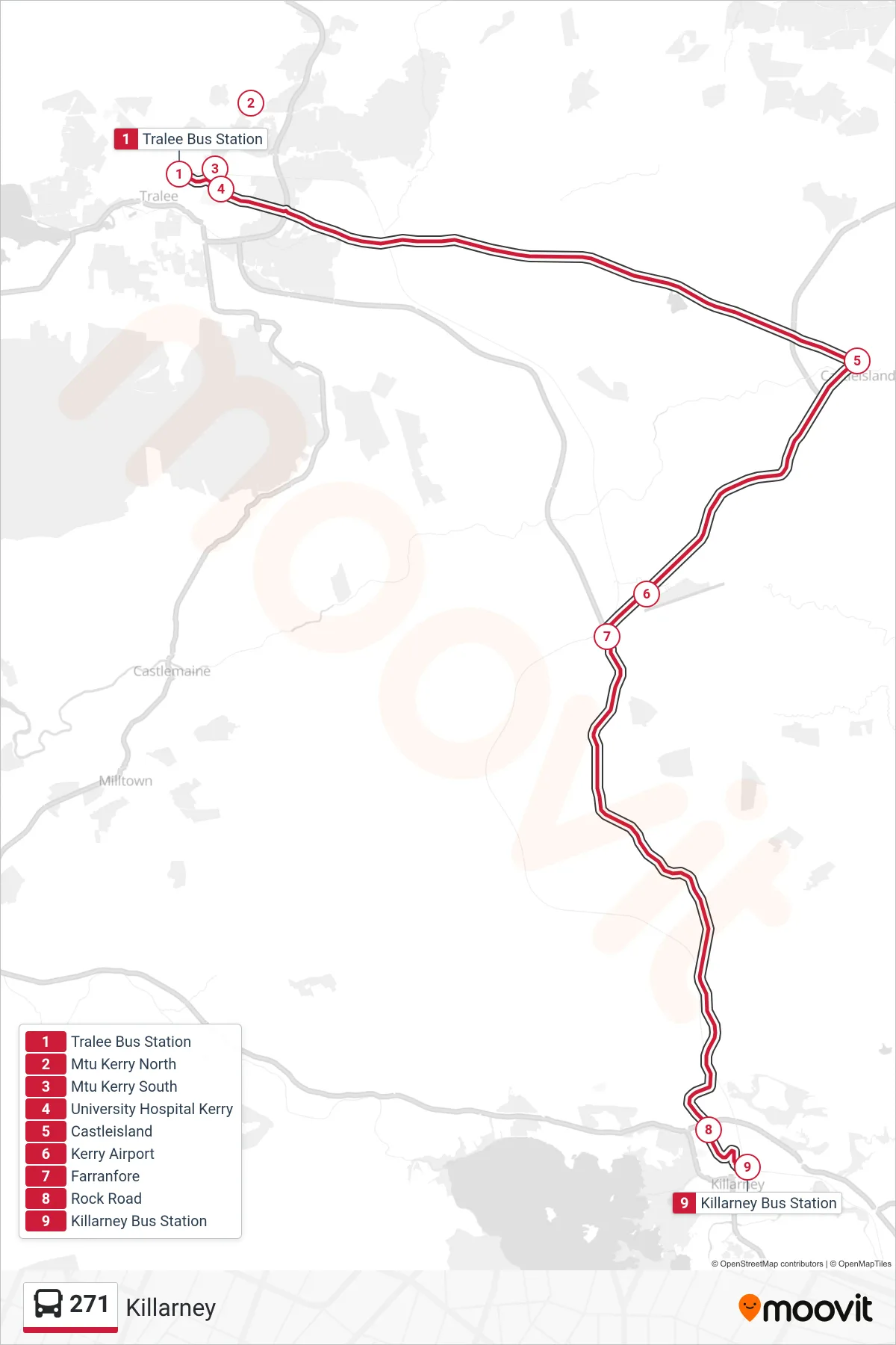 271 bus Line (Killarney) route and stops on a map