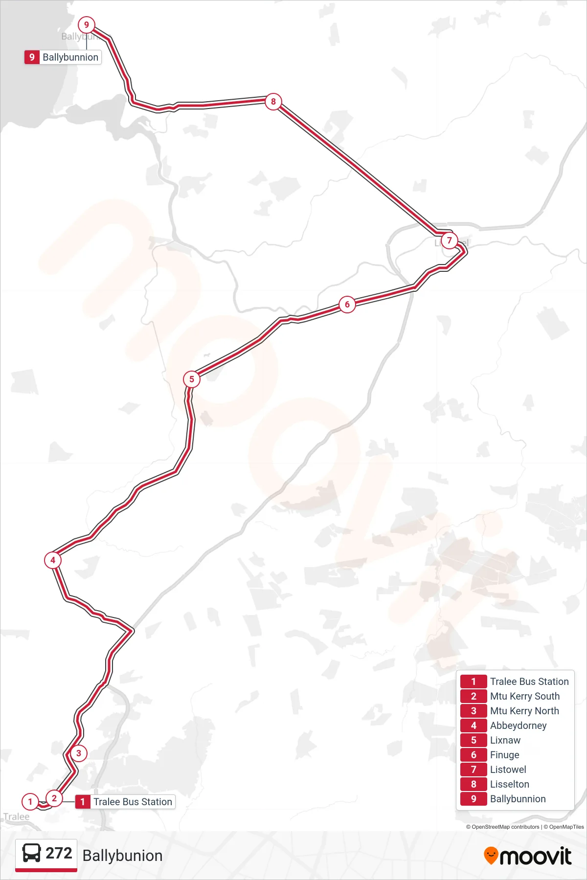272 bus Line (Ballybunion) route and stops on a map