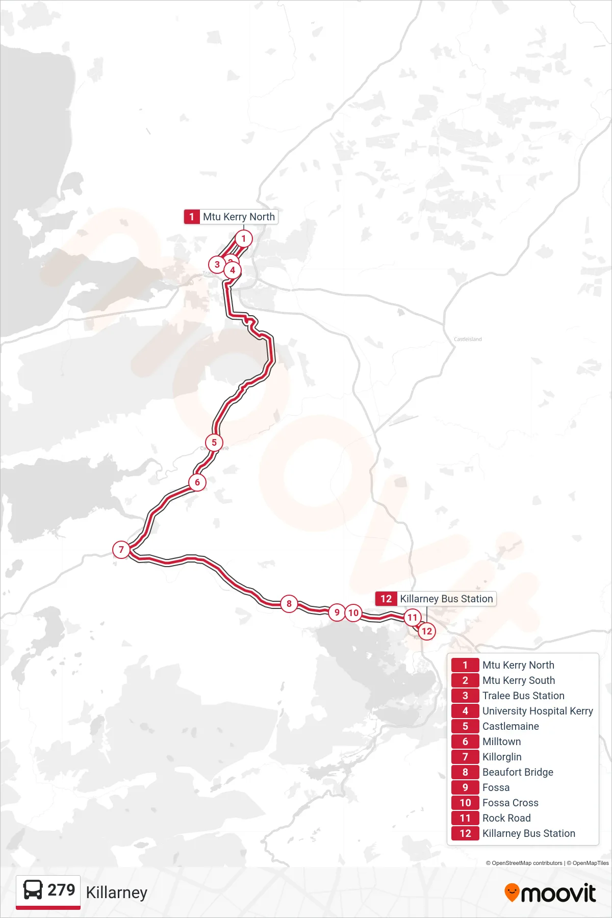 279 bus Line (Killarney) route and stops on a map