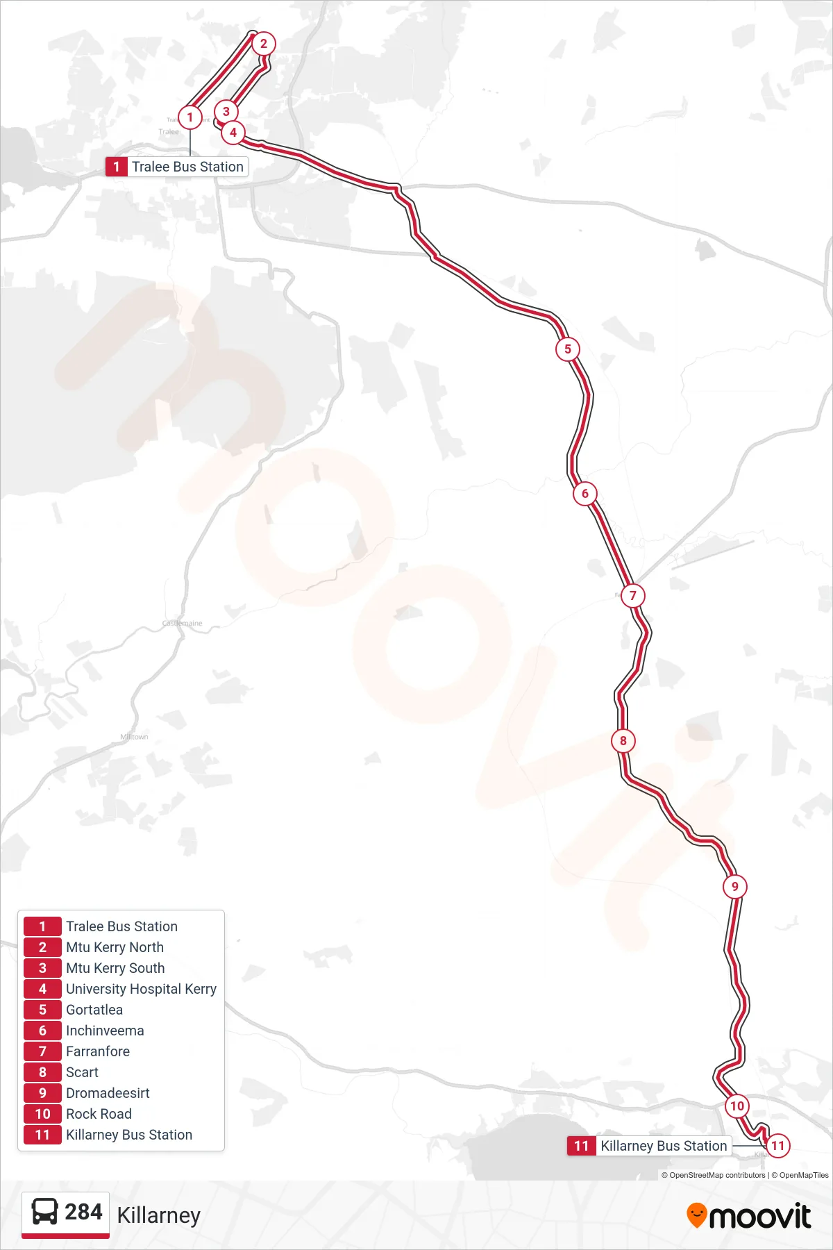 284 bus Line (Killarney) route and stops on a map