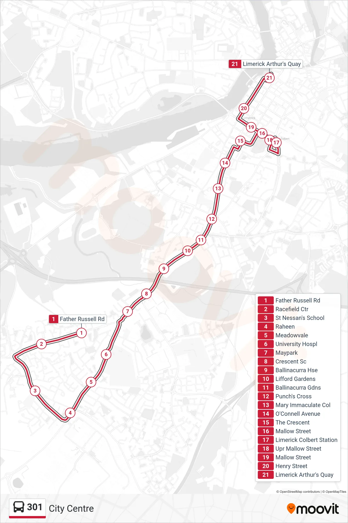 301 bus Line (City Centre) route and stops on a map