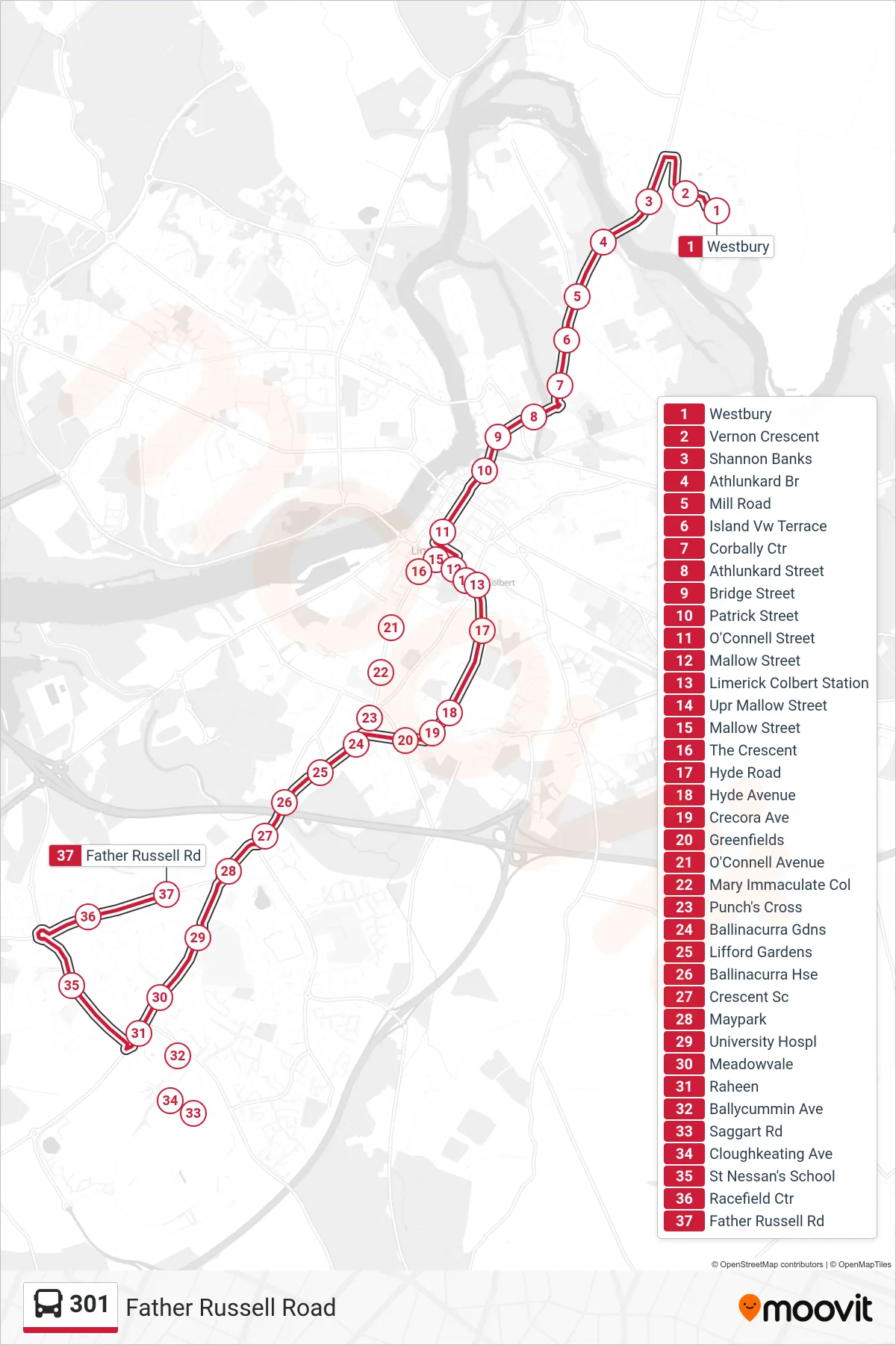 301 bus Line (Father Russell Road) route and stops on a map