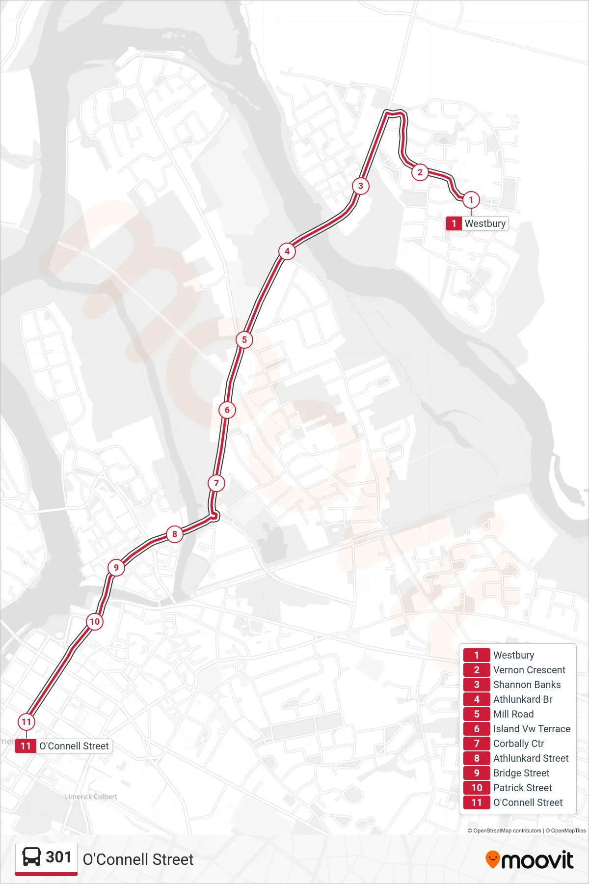 301 bus Line (O'Connell Street) route and stops on a map