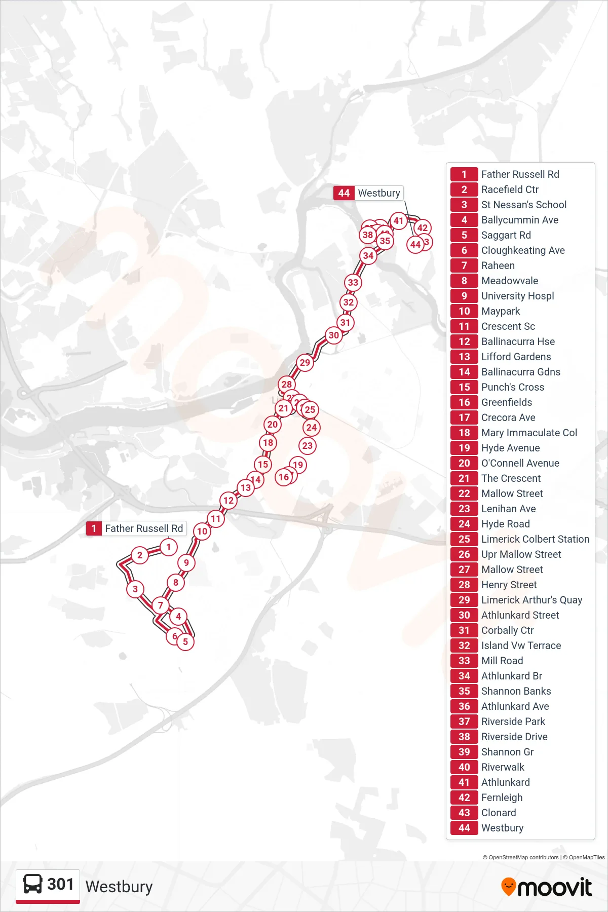 301 bus Line (Westbury) route and stops on a map