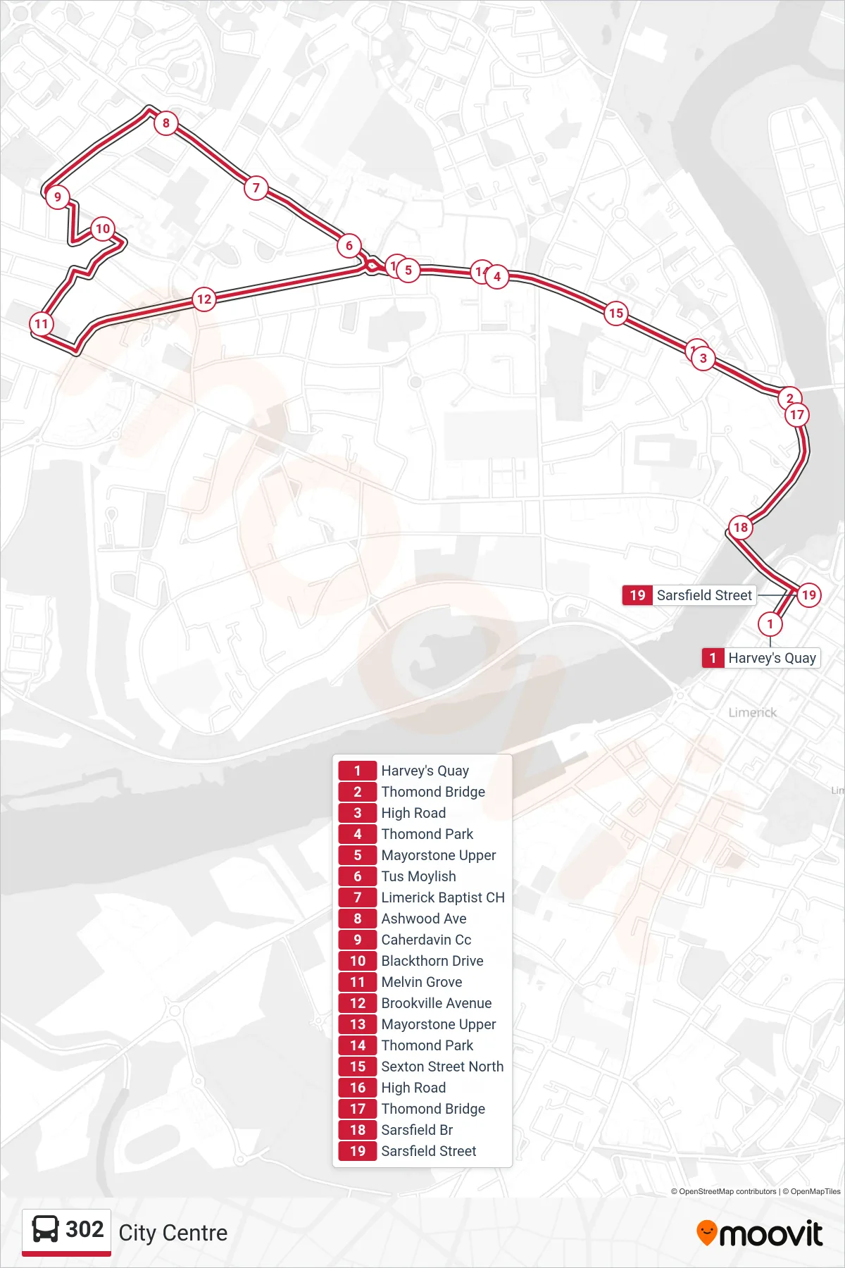 302 bus Line (City Centre) route and stops on a map