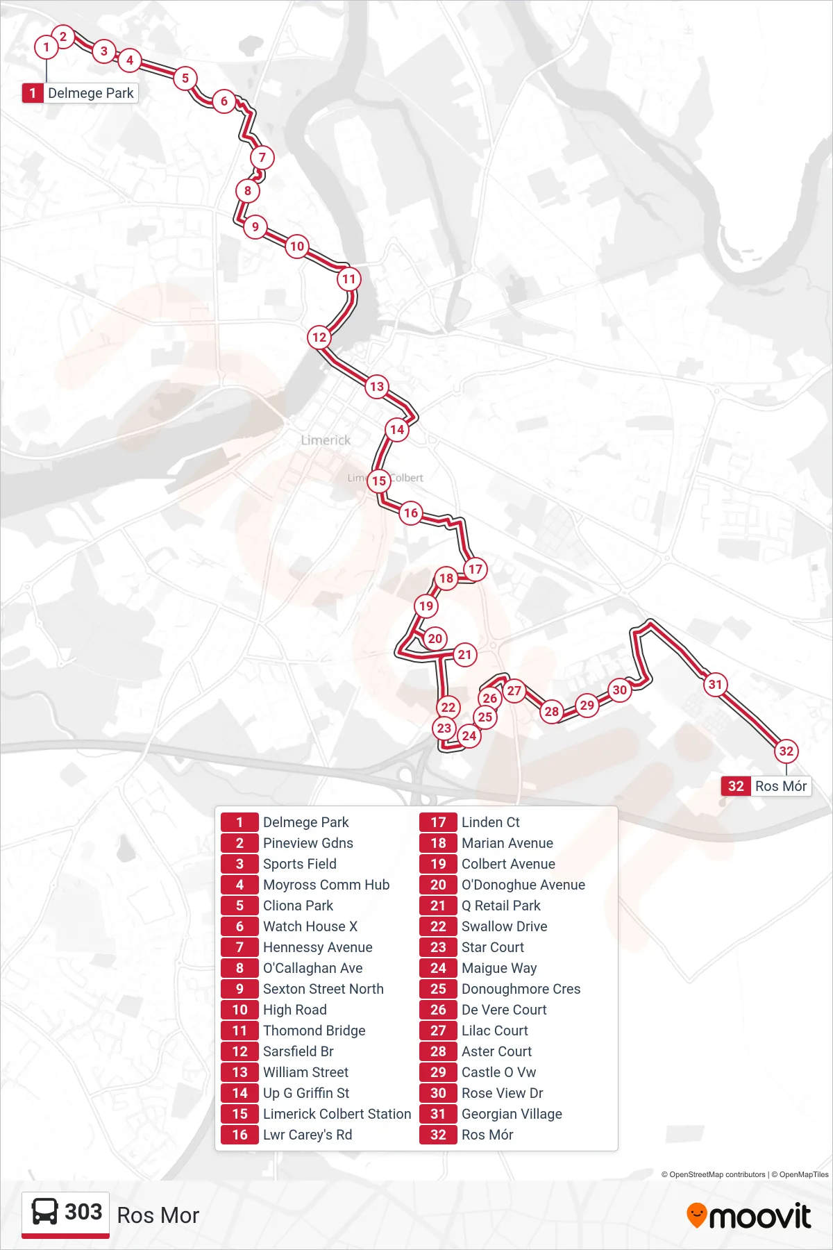 303 bus Line (Ros Mor) route and stops on a map