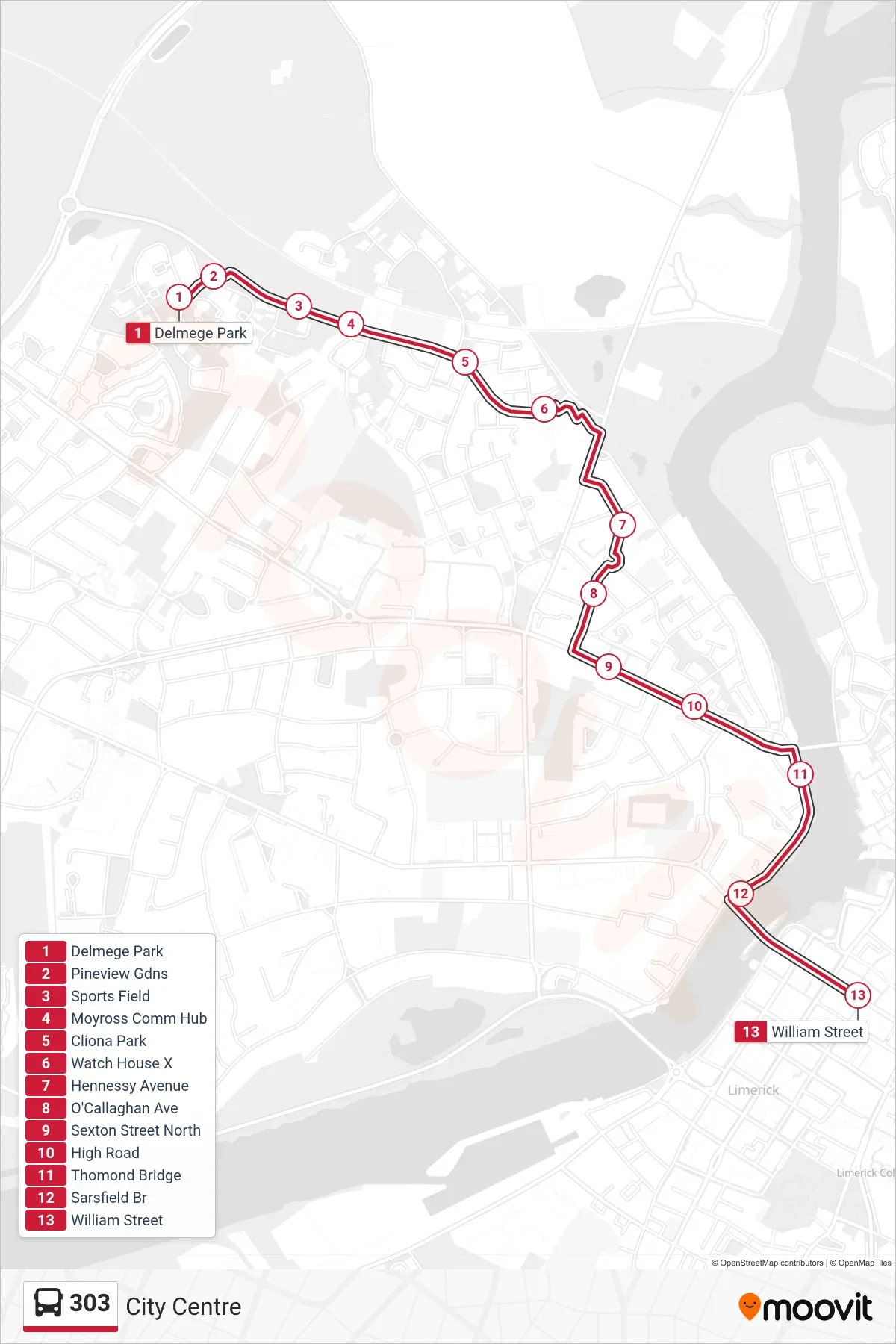 303 bus Line (City Centre) route and stops on a map