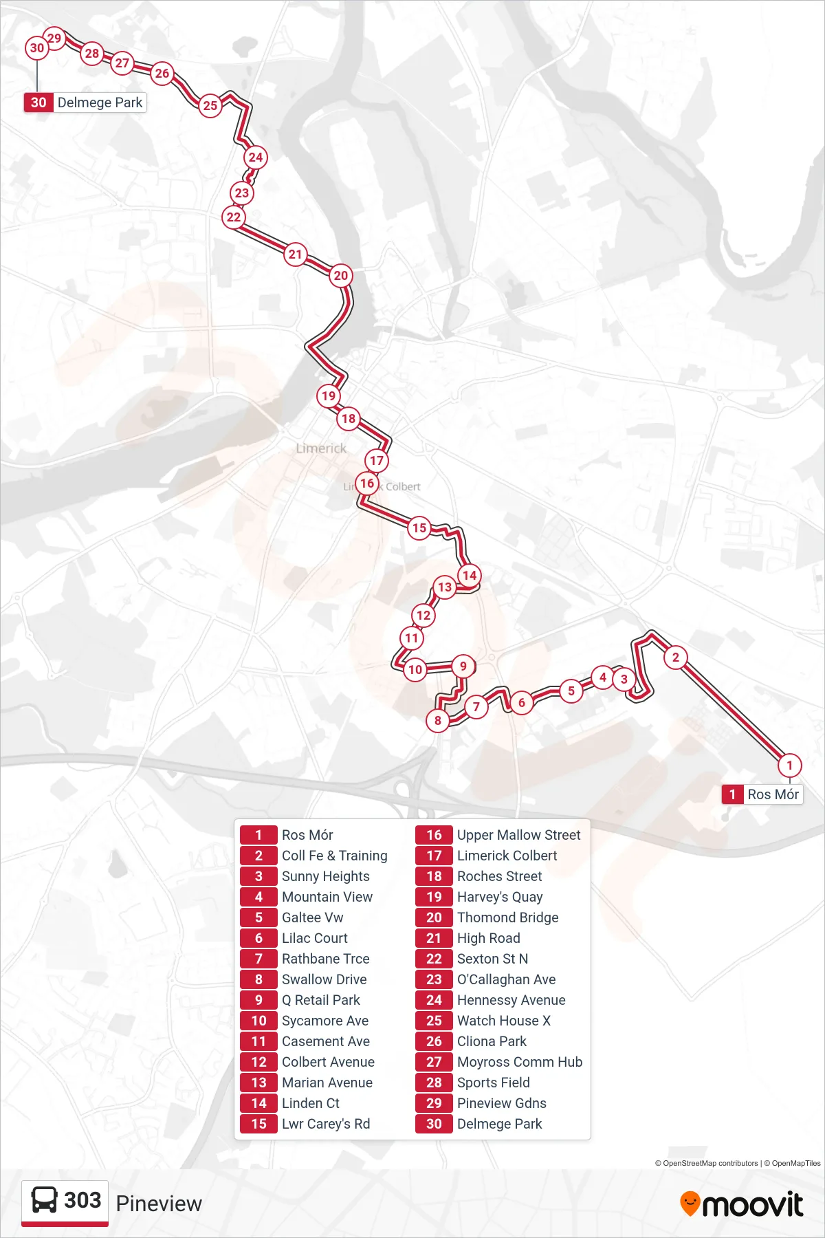303 bus Line (Pineview) route and stops on a map