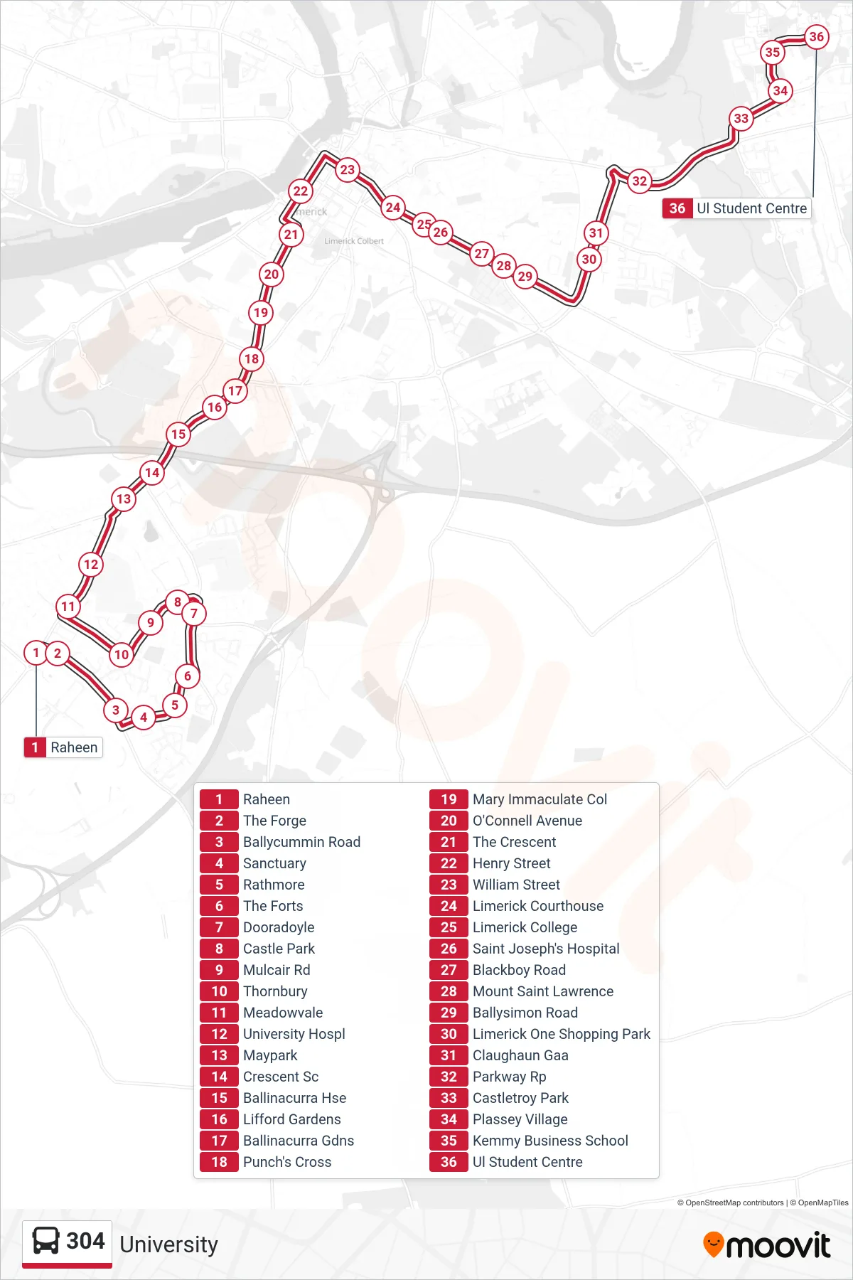 304 bus Line (University) route and stops on a map