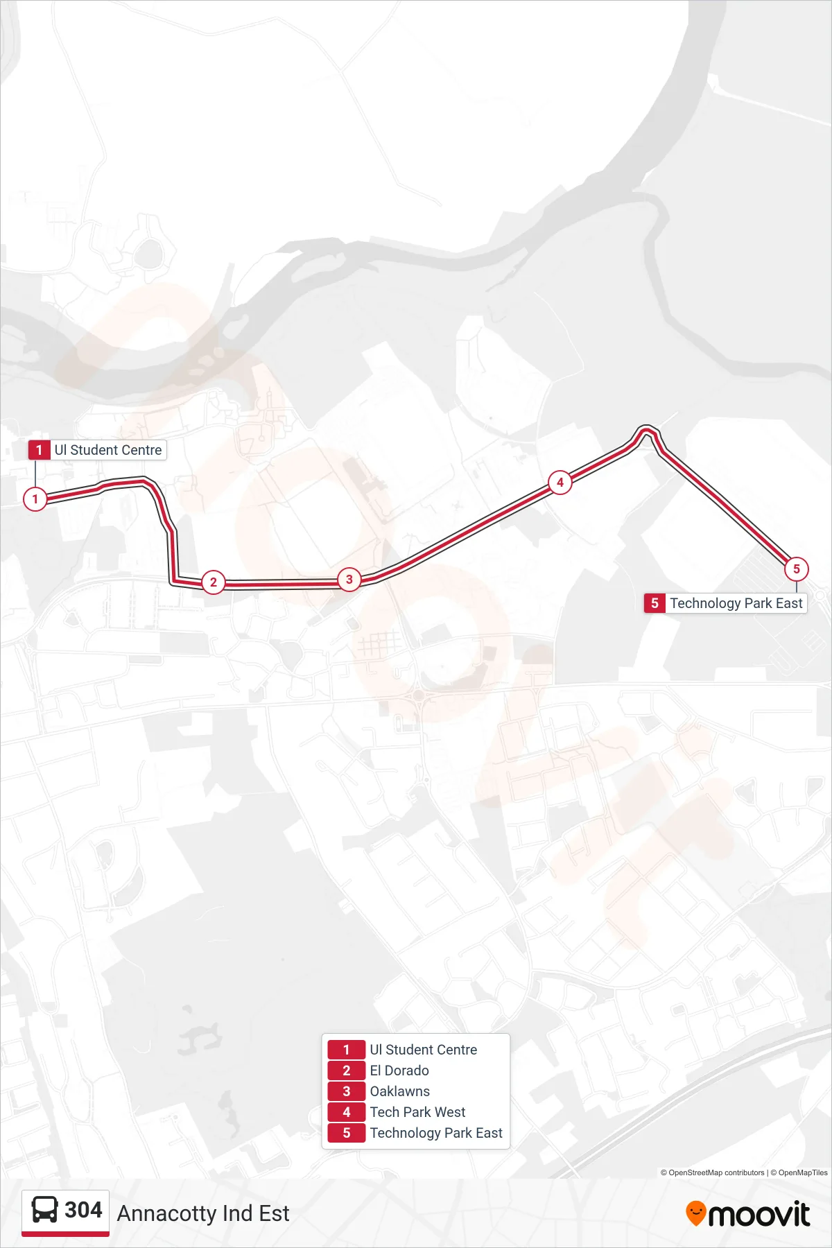 304 bus Line (Annacotty Ind Est) route and stops on a map