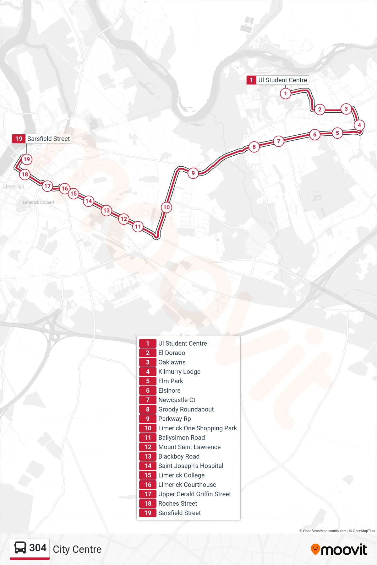 304 bus Line (City Centre) route and stops on a map