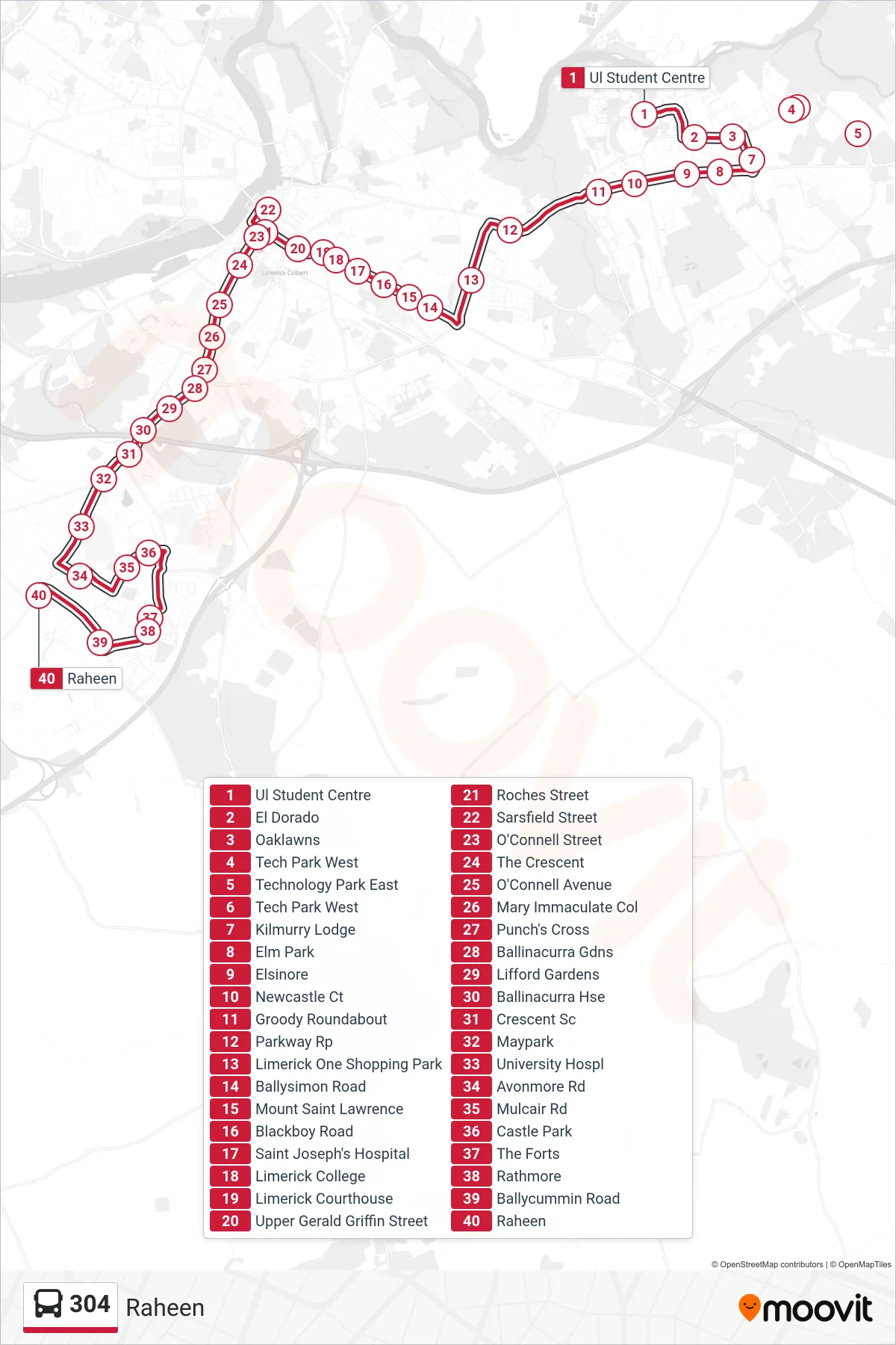 304 bus Line (Raheen) route and stops on a map