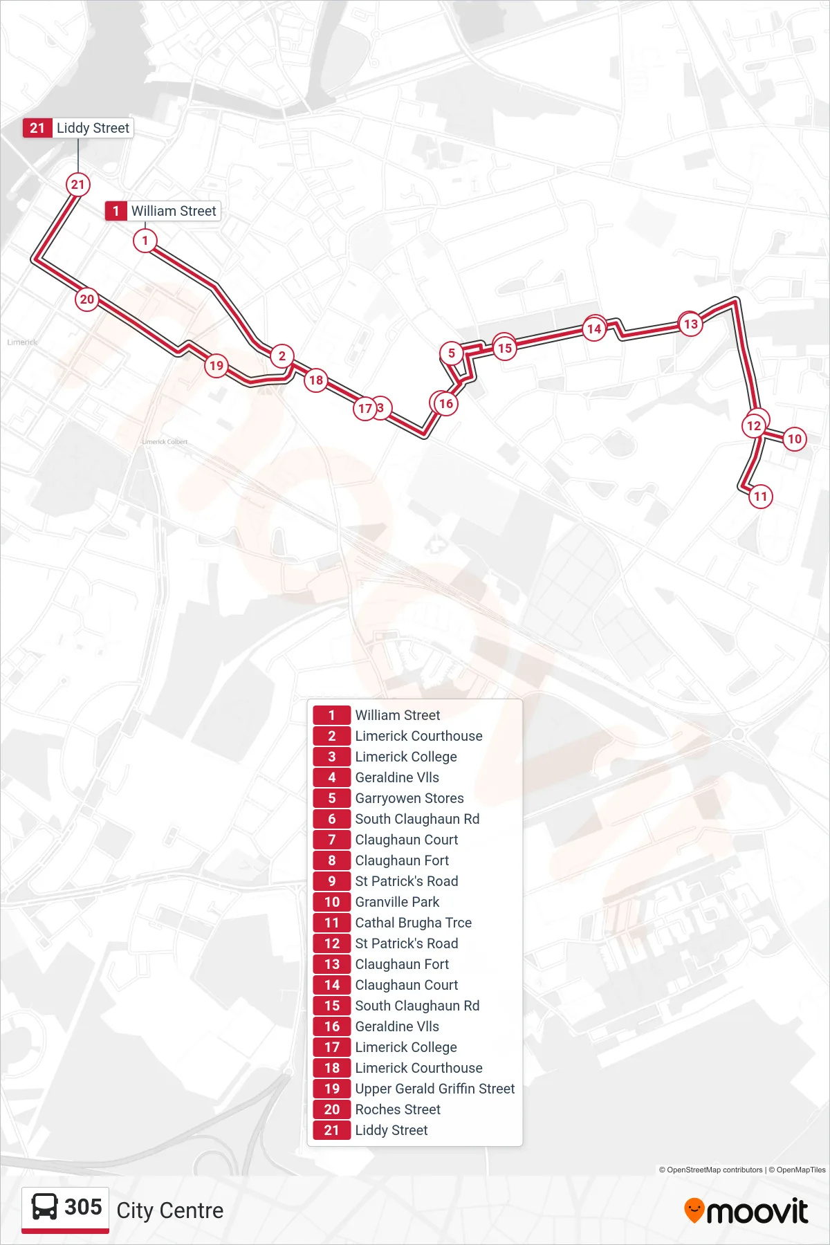 305 bus Line (City Centre) route and stops on a map