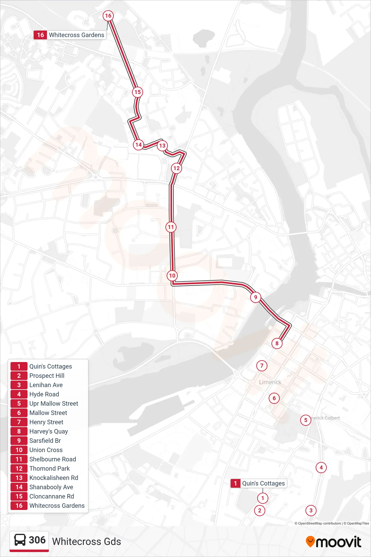306 bus Line (Whitecross Gds) route and stops on a map