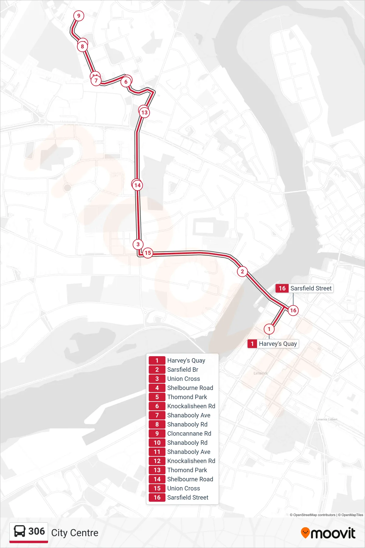 306 bus Line (City Centre) route and stops on a map