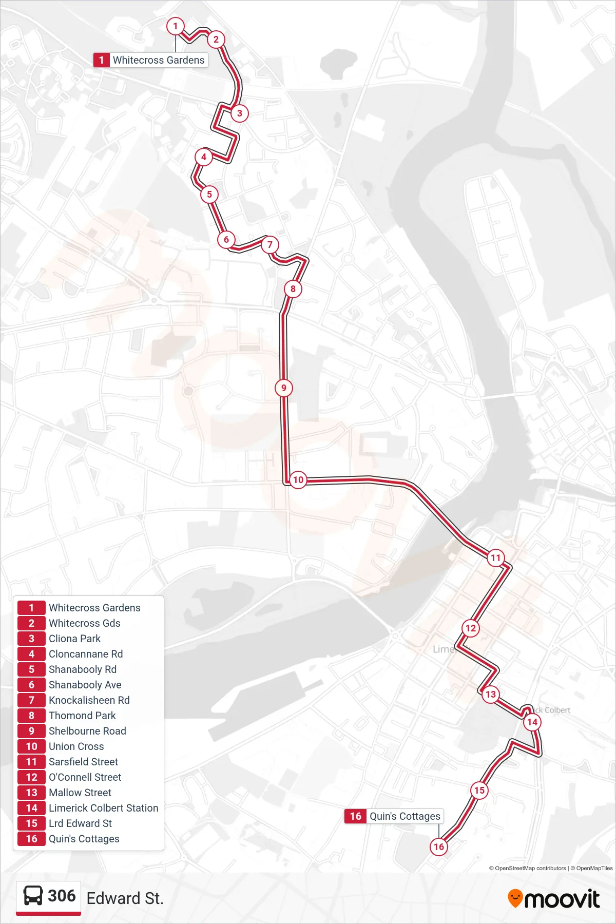 306 bus Line (Edward St.) route and stops on a map