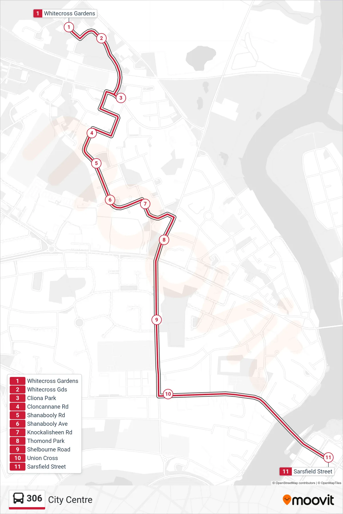 306 bus Line (City Centre) route and stops on a map