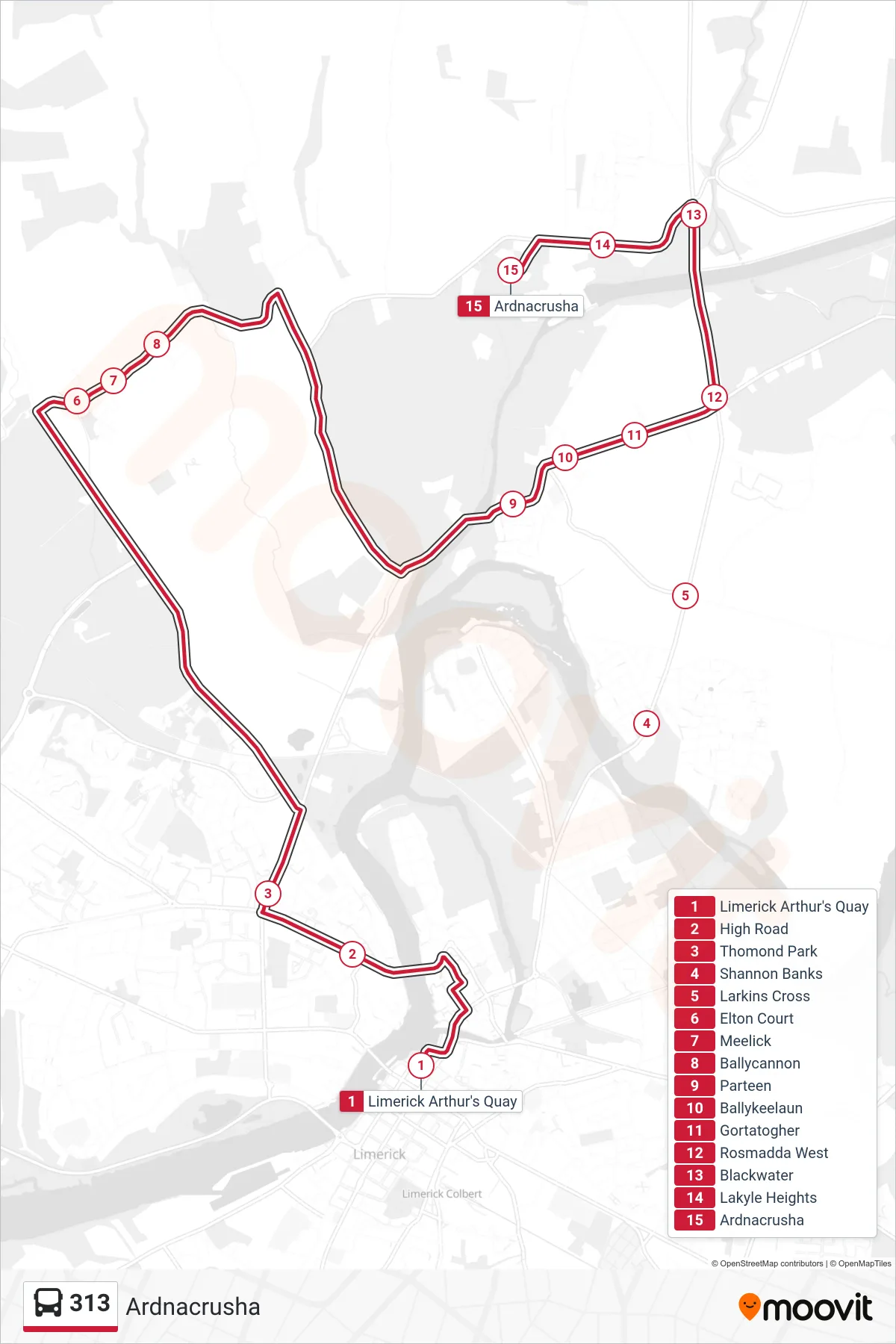 313 bus Line (Ardnacrusha) route and stops on a map