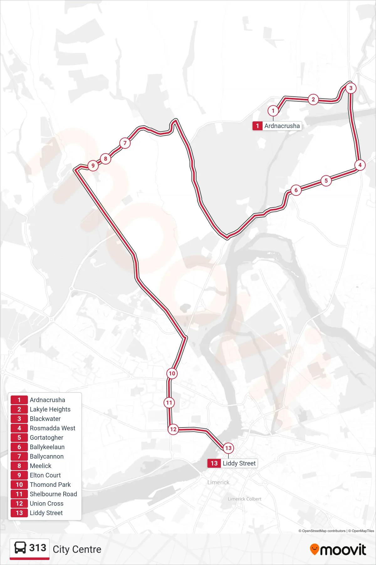 313 bus Line (City Centre) route and stops on a map