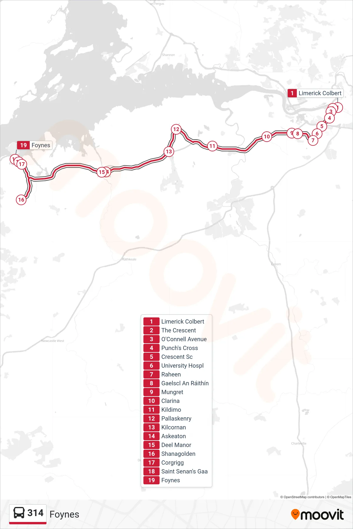 314 bus Line (Foynes) route and stops on a map