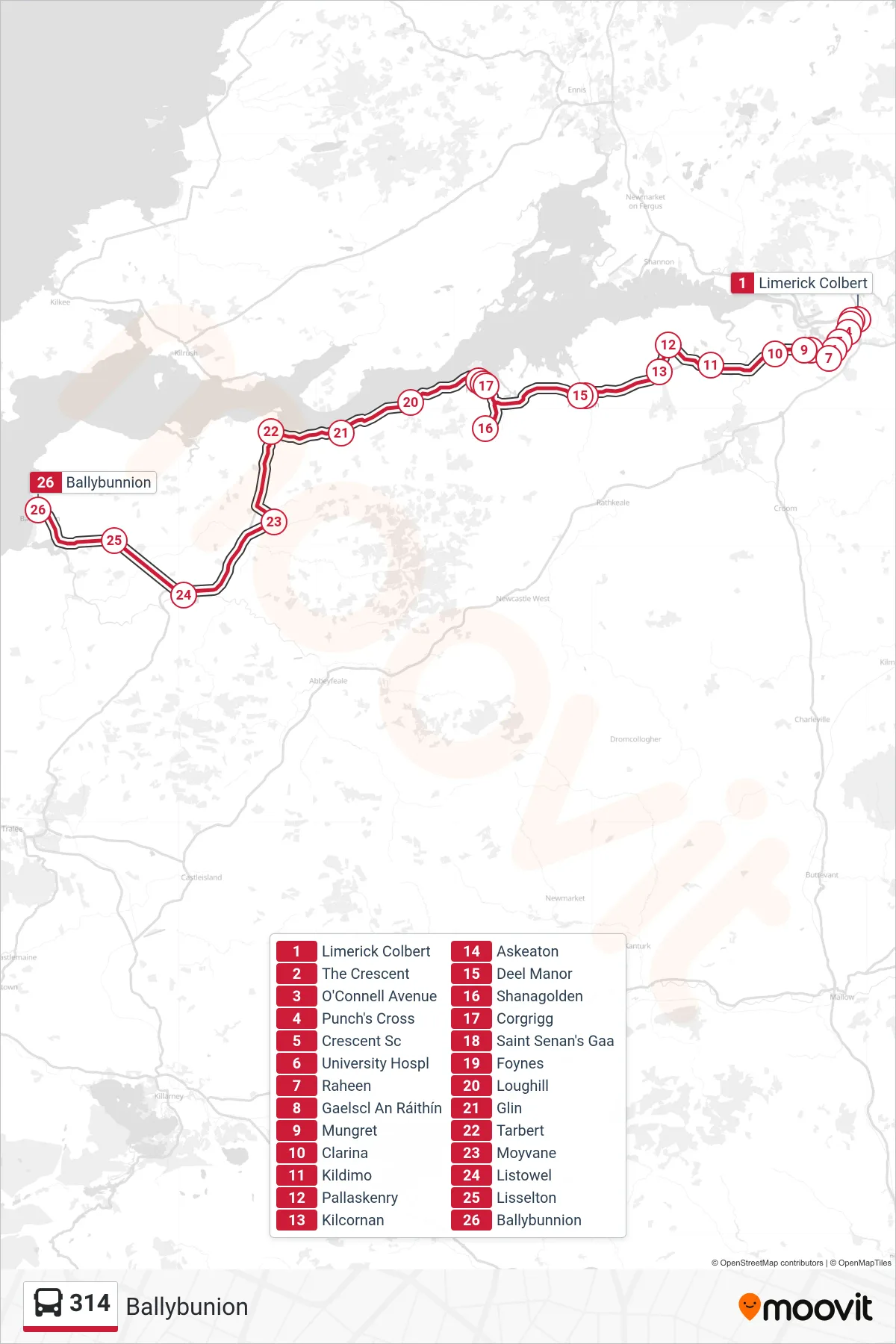 314 bus Line (Ballybunion) route and stops on a map