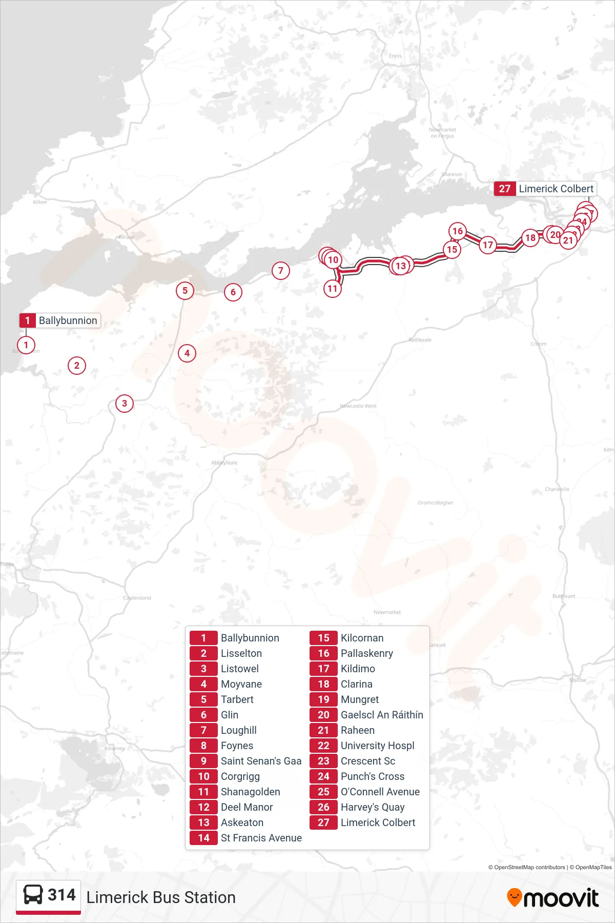 314 bus Line (Limerick Bus Station) route and stops on a map