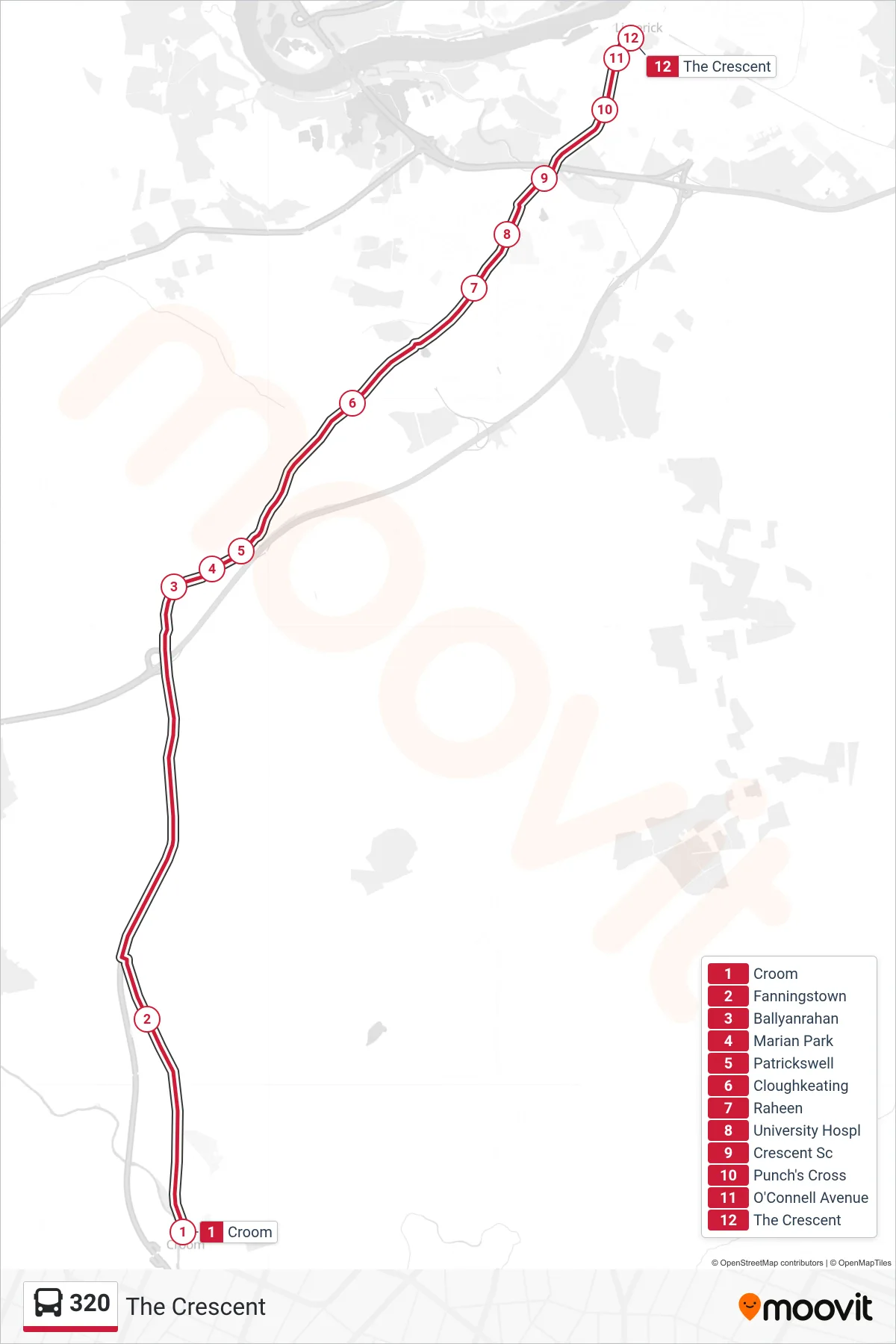 320 bus Line (The Crescent) route and stops on a map