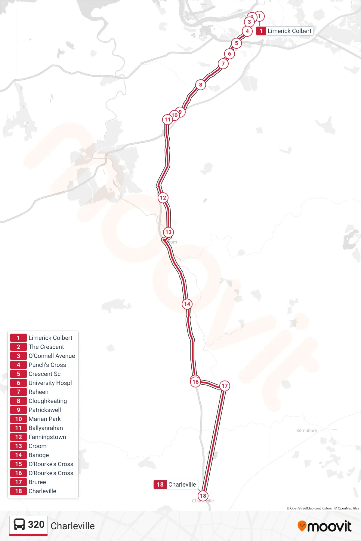 320 bus Line (Charleville) route and stops on a map