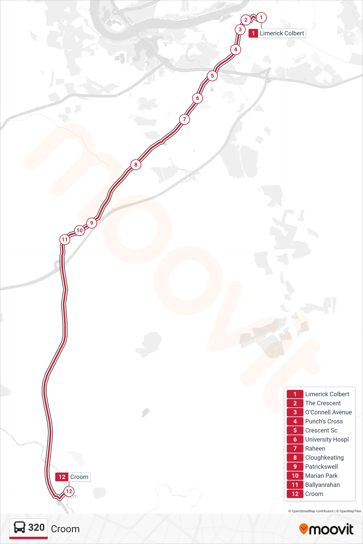 320 bus Line (Croom) route and stops on a map