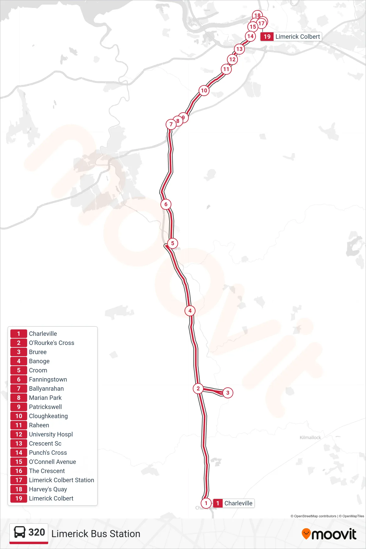 320 bus Line (Limerick Bus Station) route and stops on a map