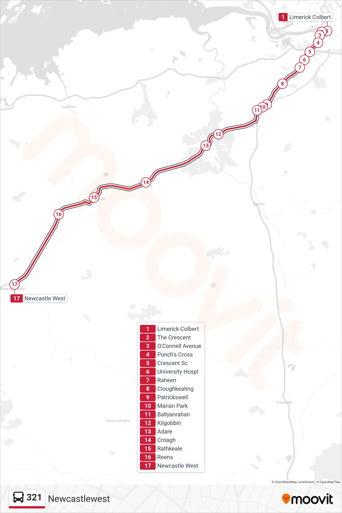 321 bus Line (Newcastlewest) route and stops on a map