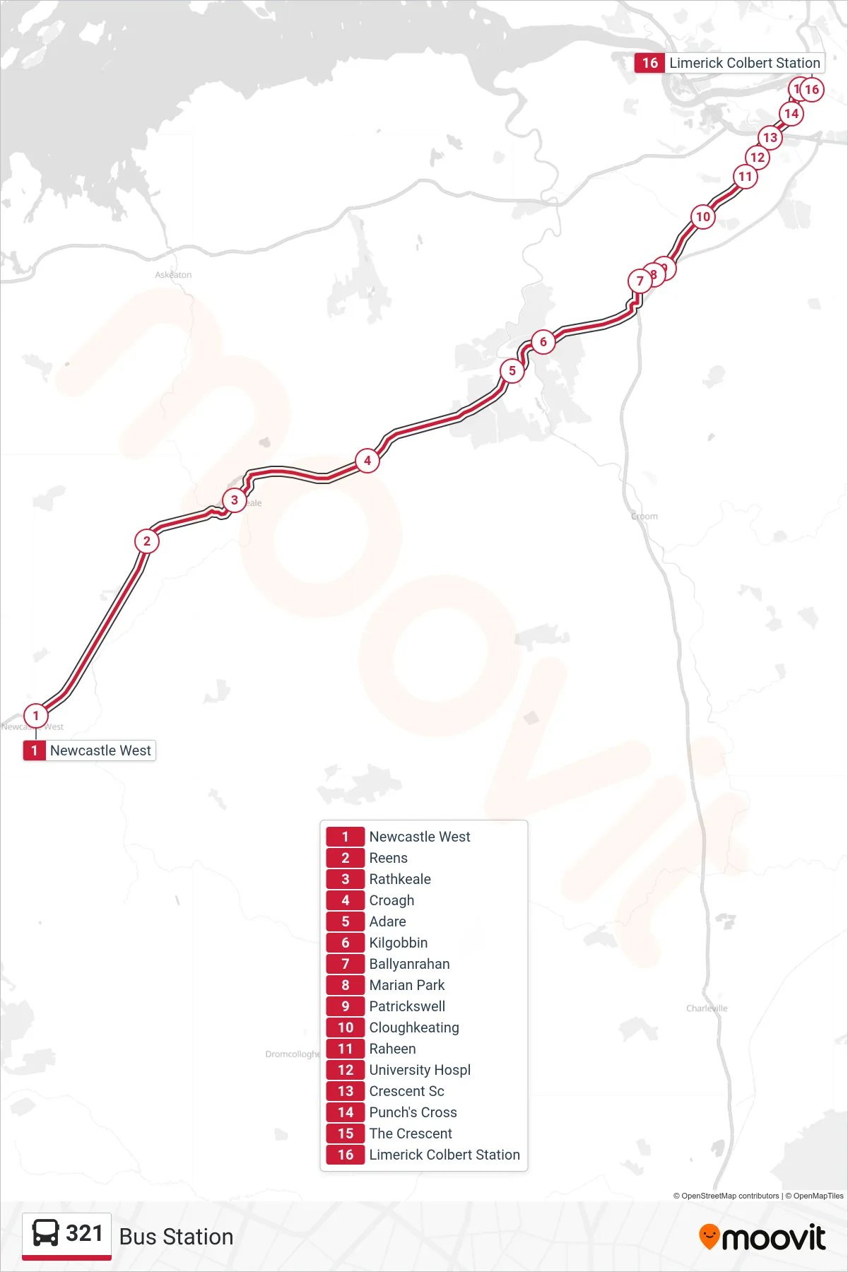 321 bus Line (Bus Station) route and stops on a map
