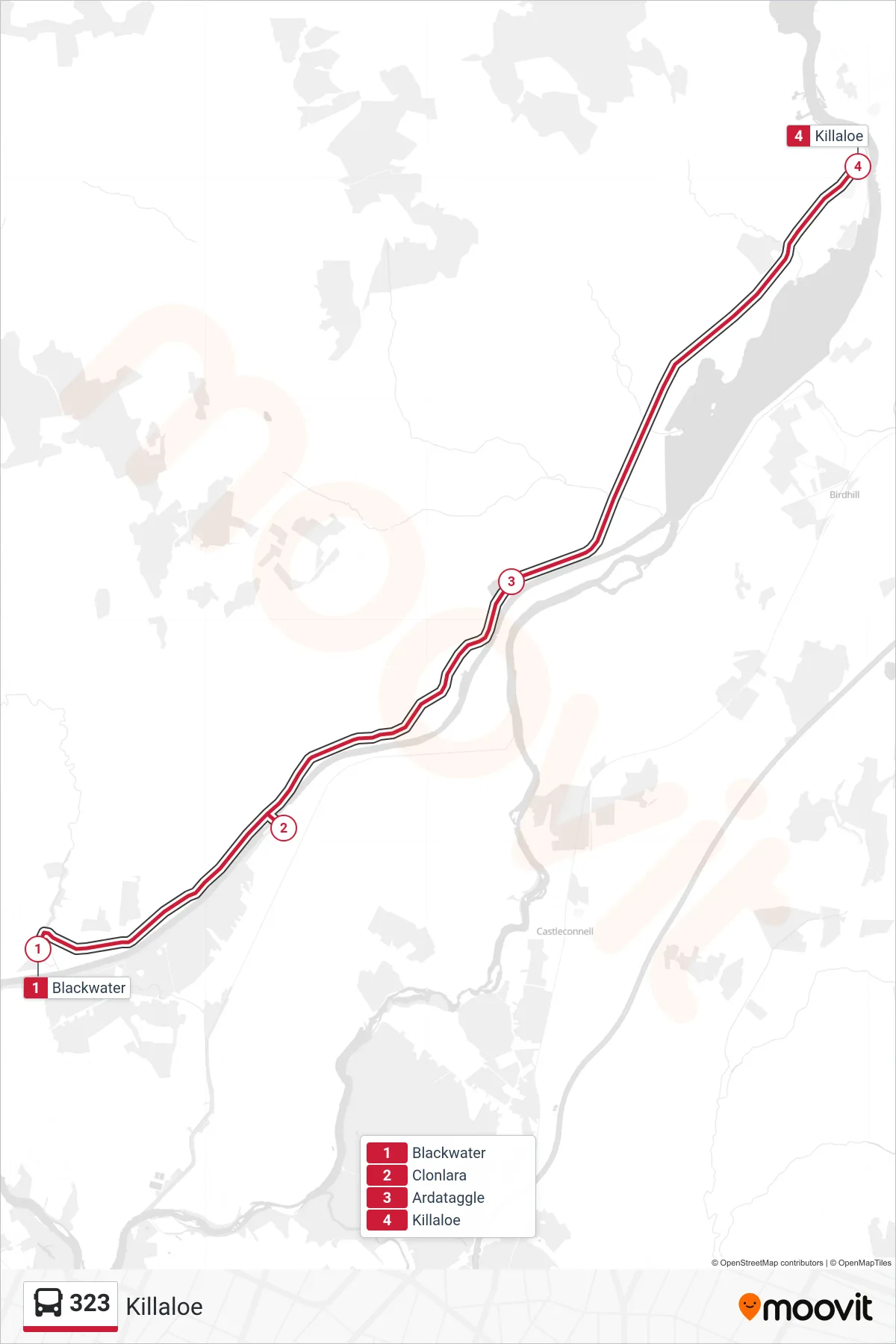 323 bus Line (Killaloe) route and stops on a map