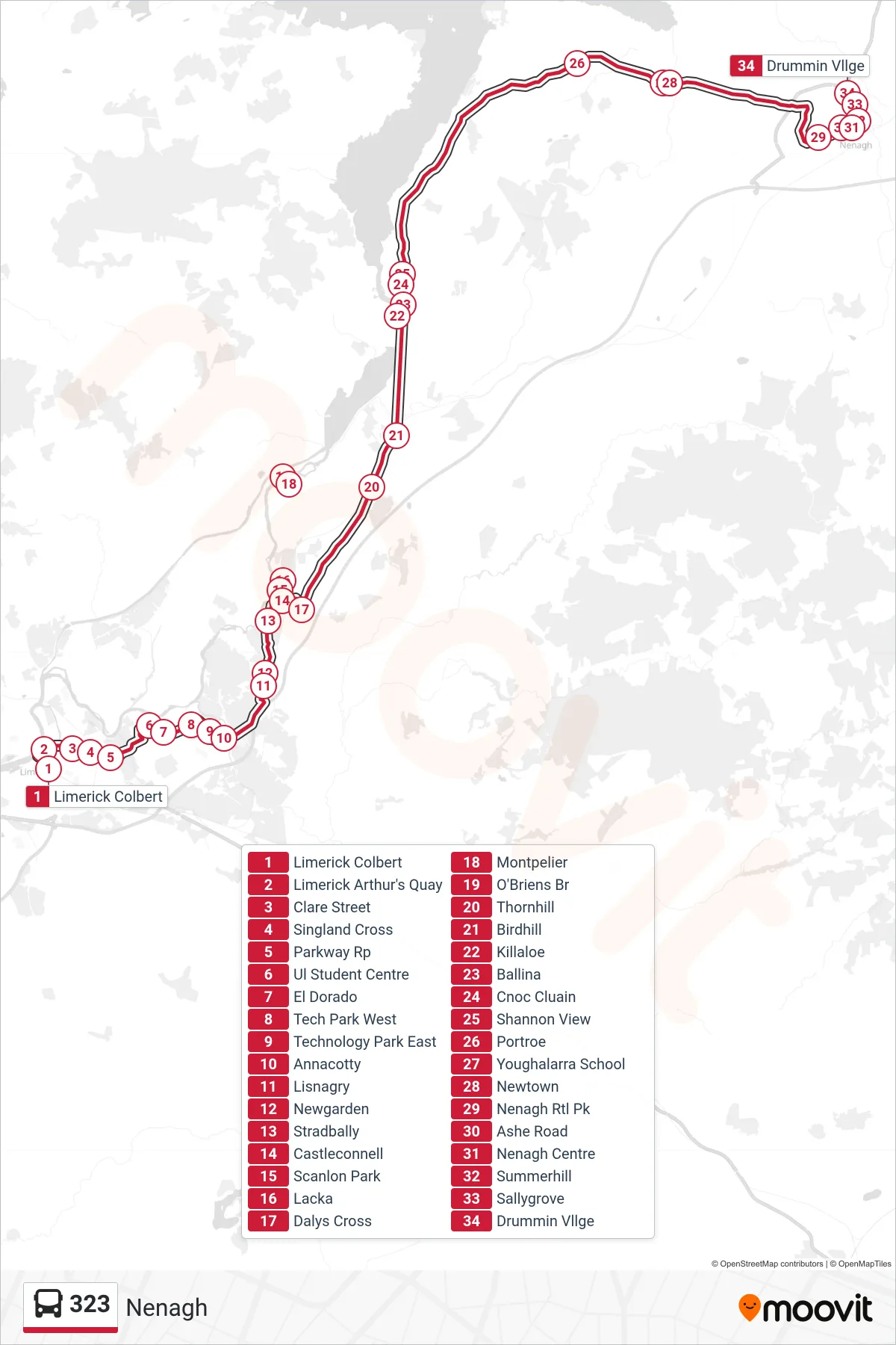 323 bus Line (Nenagh) route and stops on a map