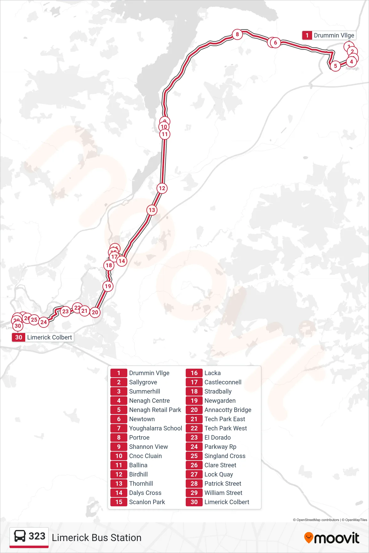 323 bus Line (Limerick Bus Station) route and stops on a map