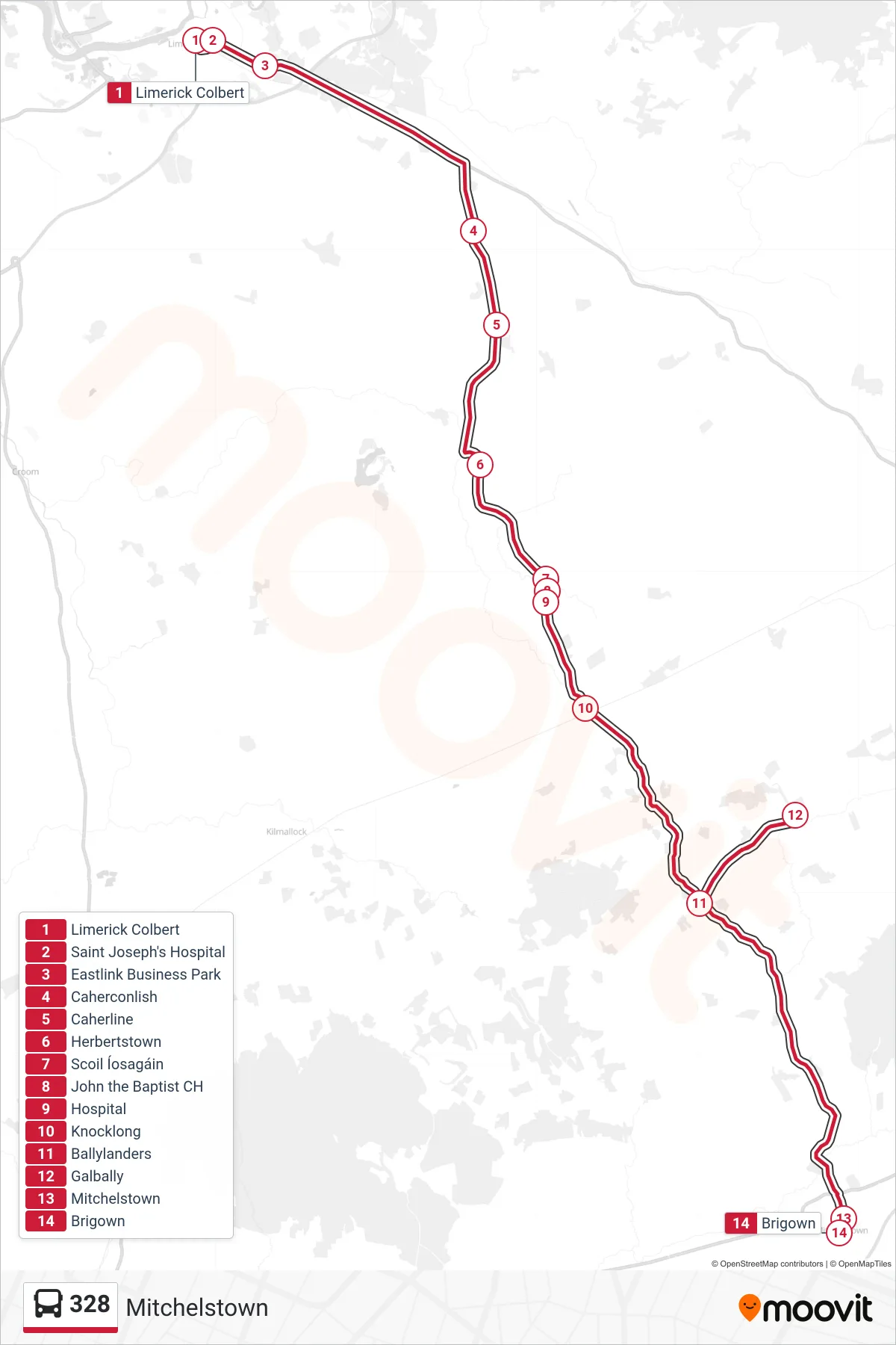 328 bus Line (Mitchelstown) route and stops on a map