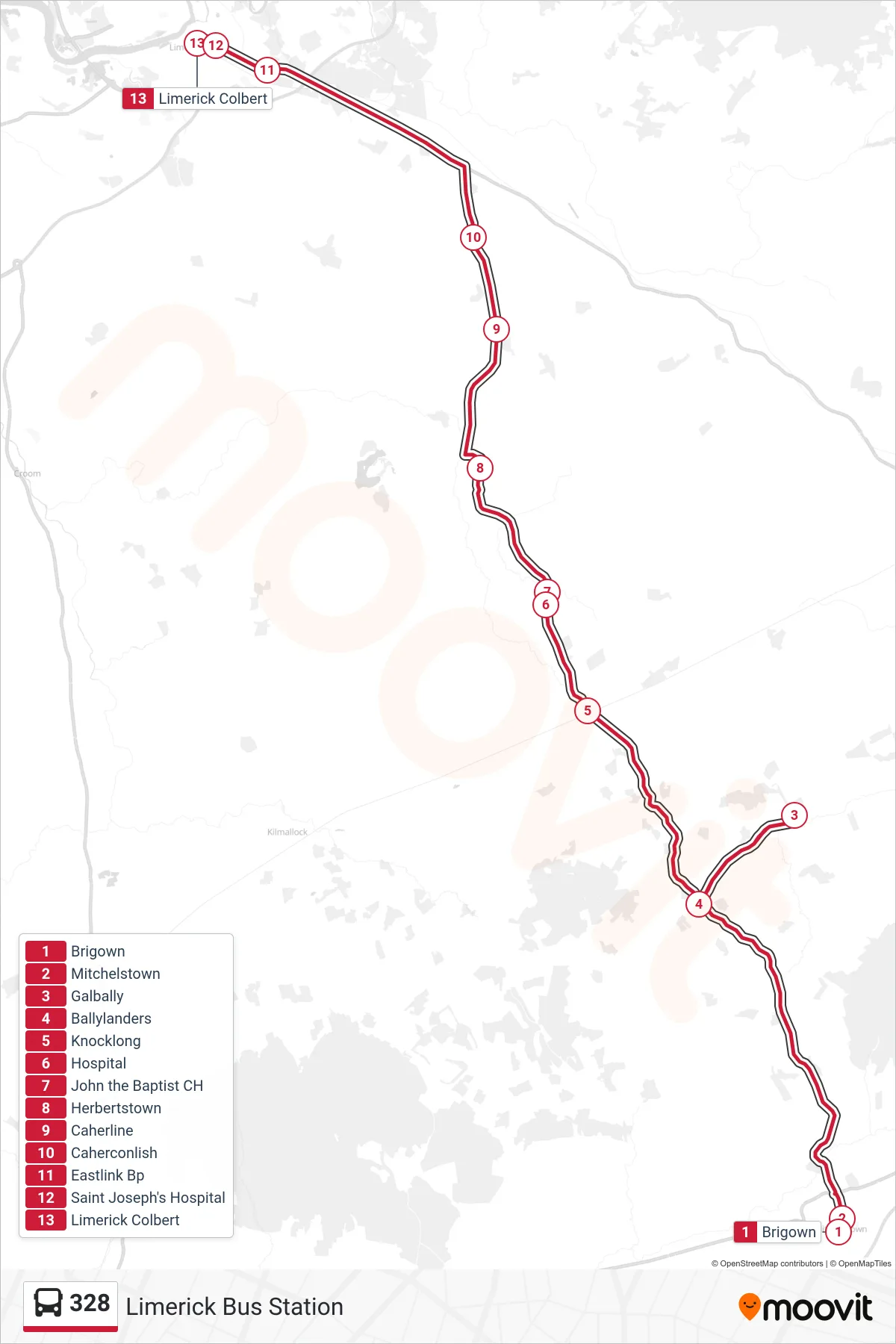 328 bus Line (Limerick Bus Station) route and stops on a map