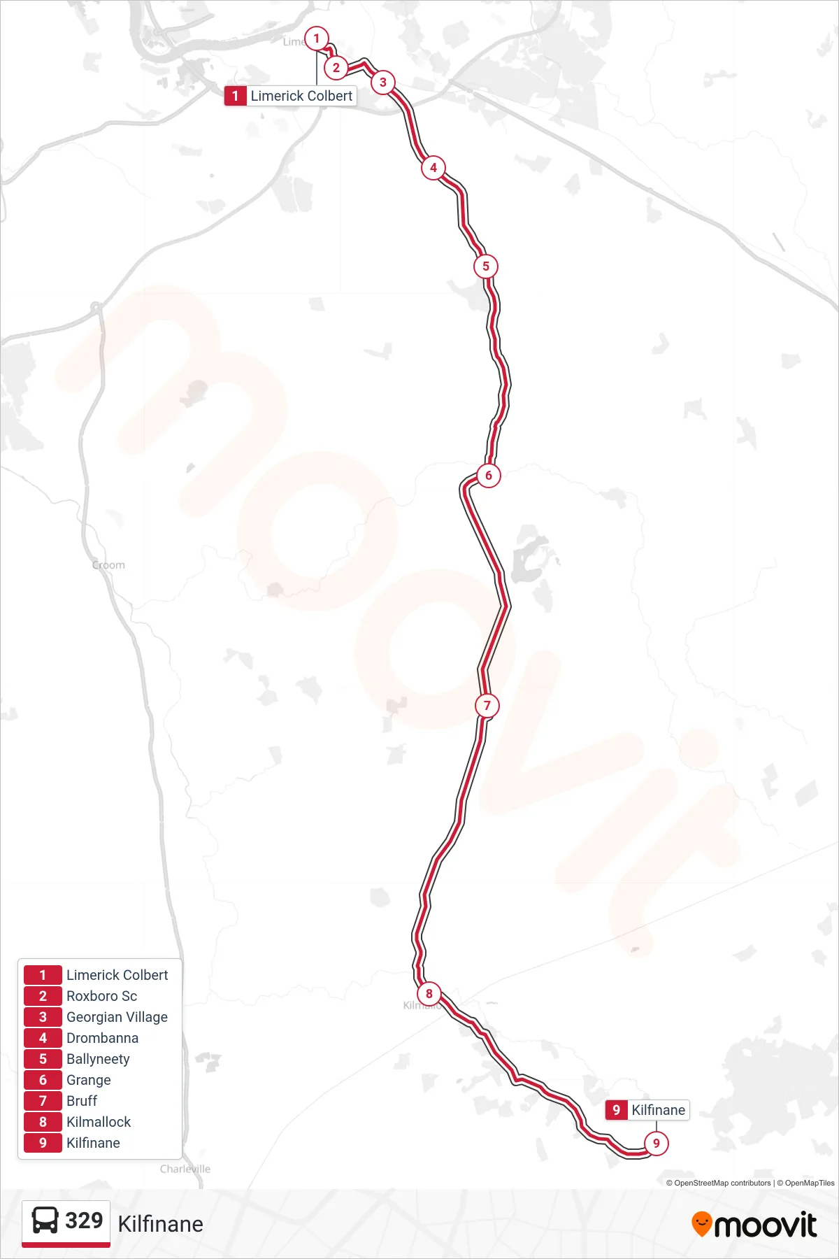 329 bus Line (Kilfinane) route and stops on a map