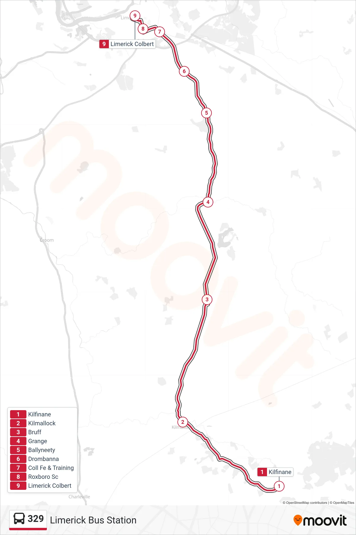 329 bus Line (Limerick Bus Station) route and stops on a map