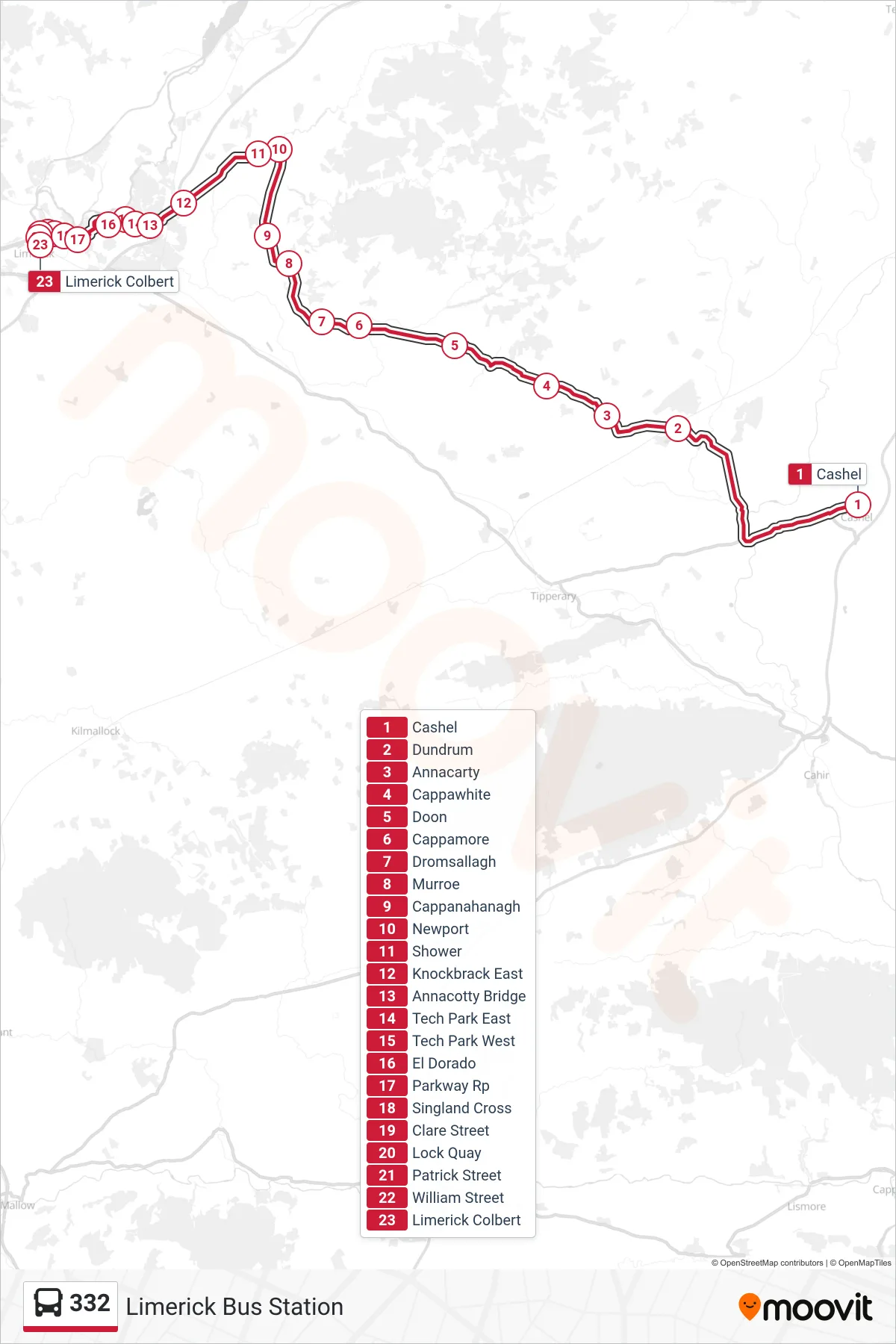 332 bus Line (Limerick Bus Station) route and stops on a map